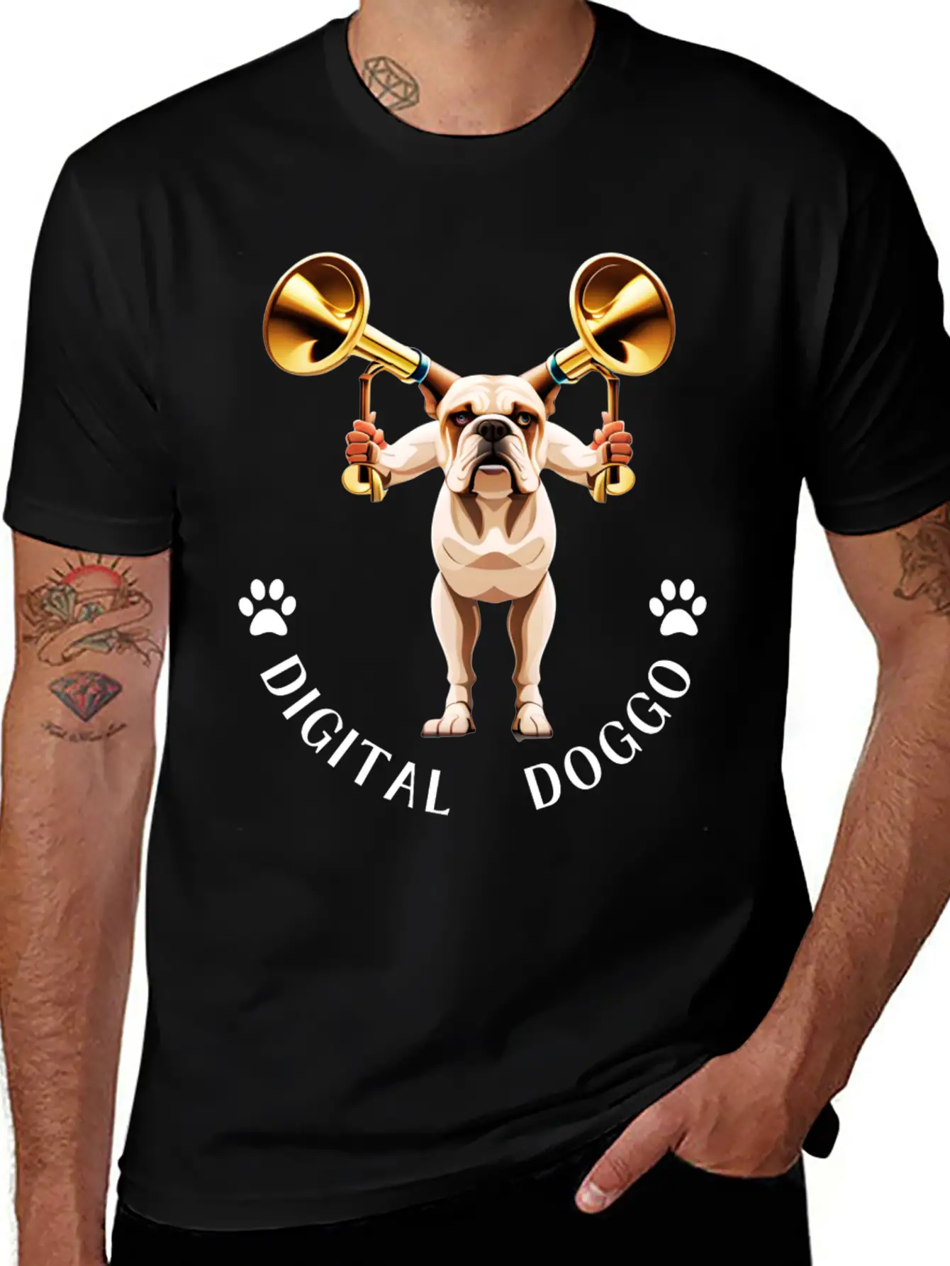 Whimsical Robotic Bulldog With Trumpet - Digital Casual Graphic T-Shirt – Simple And Comfortable Daily Wear