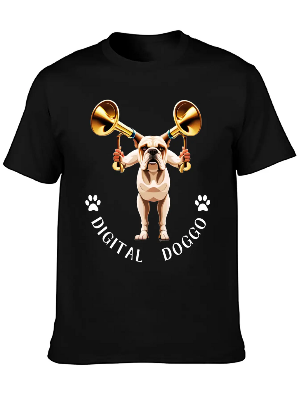 Whimsical Robotic Bulldog With Trumpet - Digital Casual Graphic T-Shirt – Simple And Comfortable Daily Wear