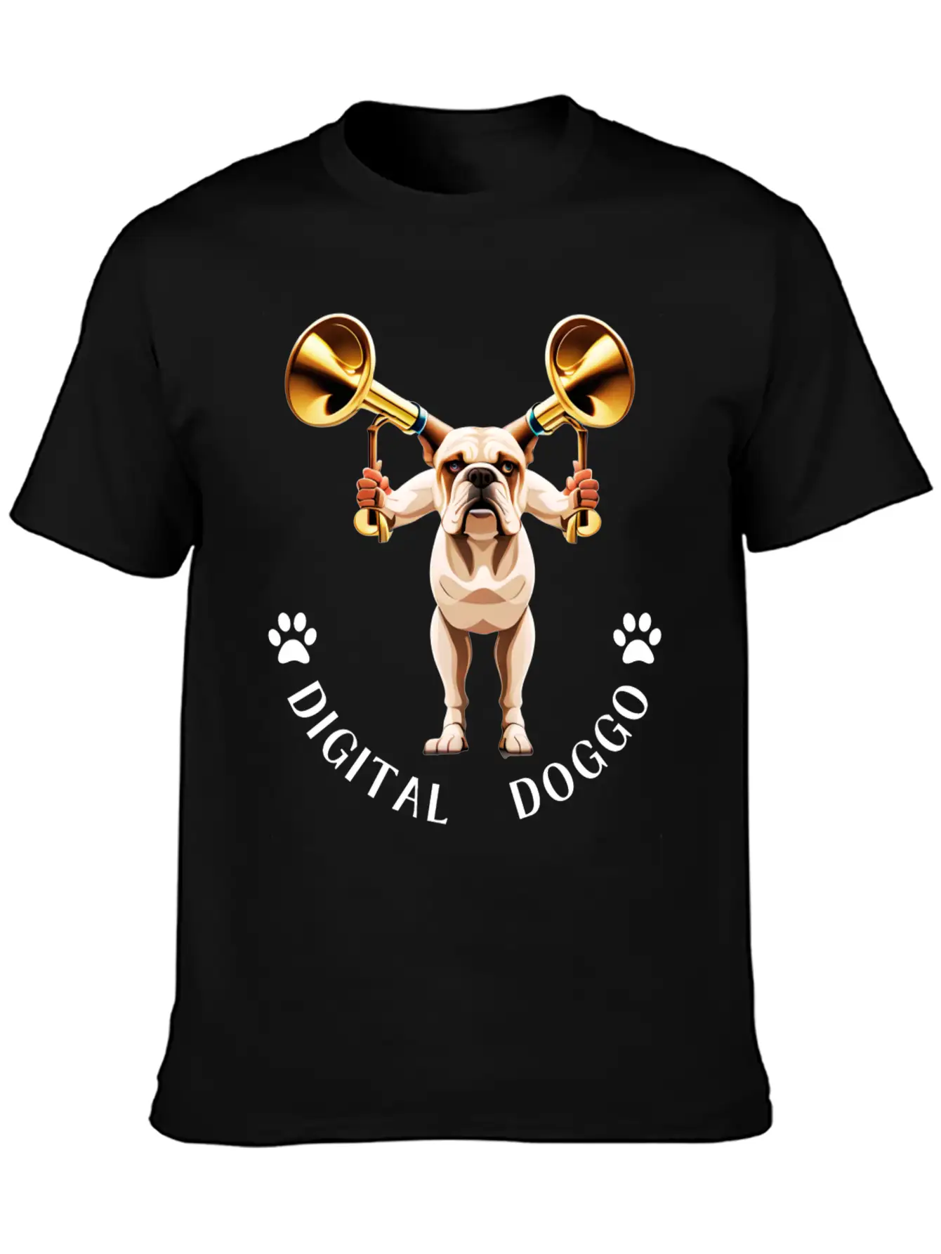 Whimsical Robotic Bulldog With Trumpet - Digital Casual Graphic T-Shirt – Simple And Comfortable Daily Wear
