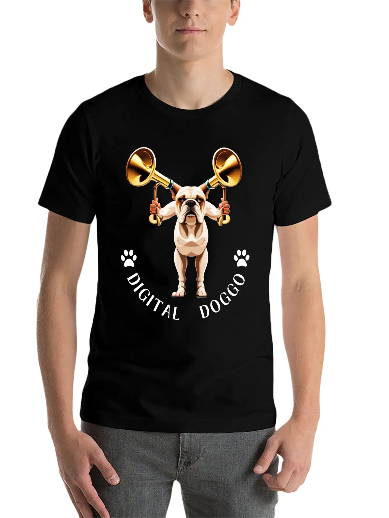 Whimsical Robotic Bulldog With Trumpet - Digital Casual Graphic T-Shirt – Simple And Comfortable Daily Wear