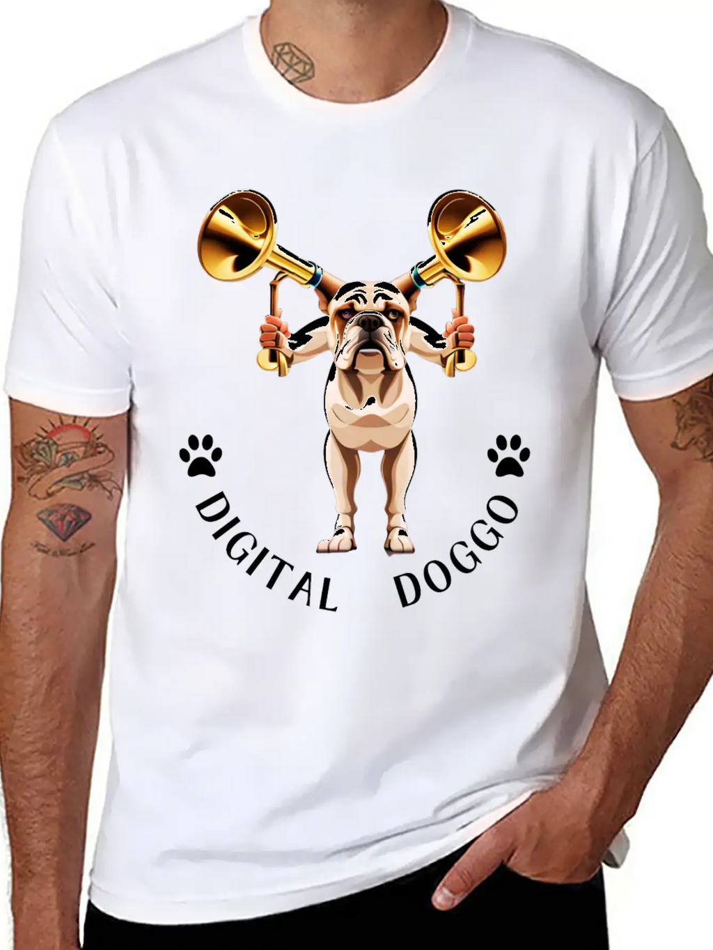 Whimsical Robotic Bulldog With Trumpet - Digital Casual Graphic T-Shirt – Simple And Comfortable Daily Wear