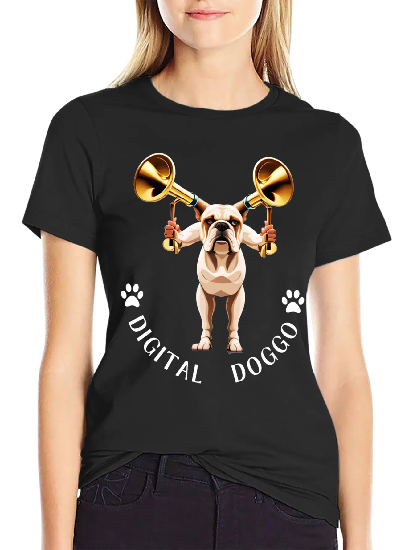 Whimsical Robotic Bulldog With Trumpet - Digital Casual Graphic T-Shirt – Simple And Comfortable Daily Wear