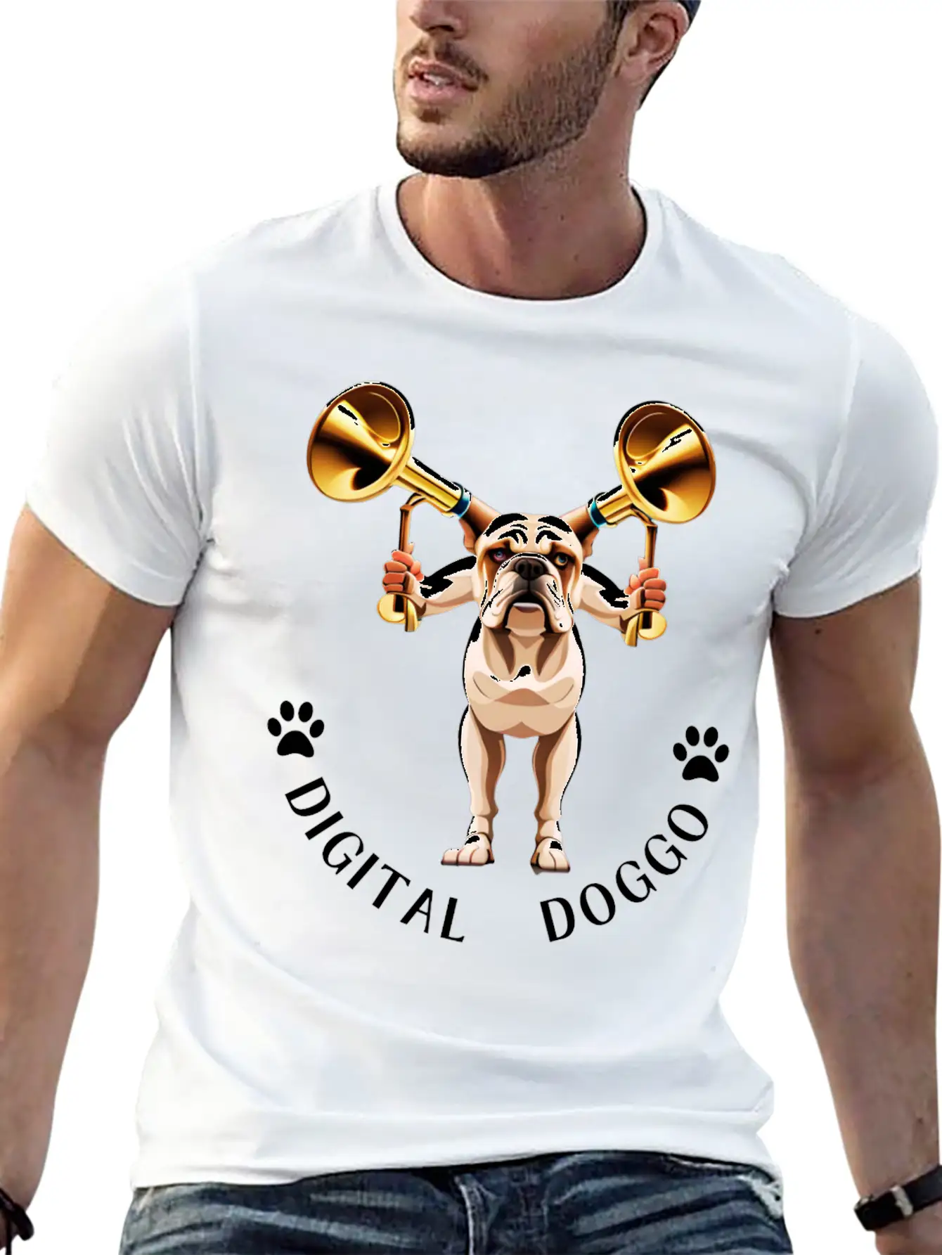 Whimsical Robotic Bulldog With Trumpet - Digital Casual Graphic T-Shirt – Simple And Comfortable Daily Wear
