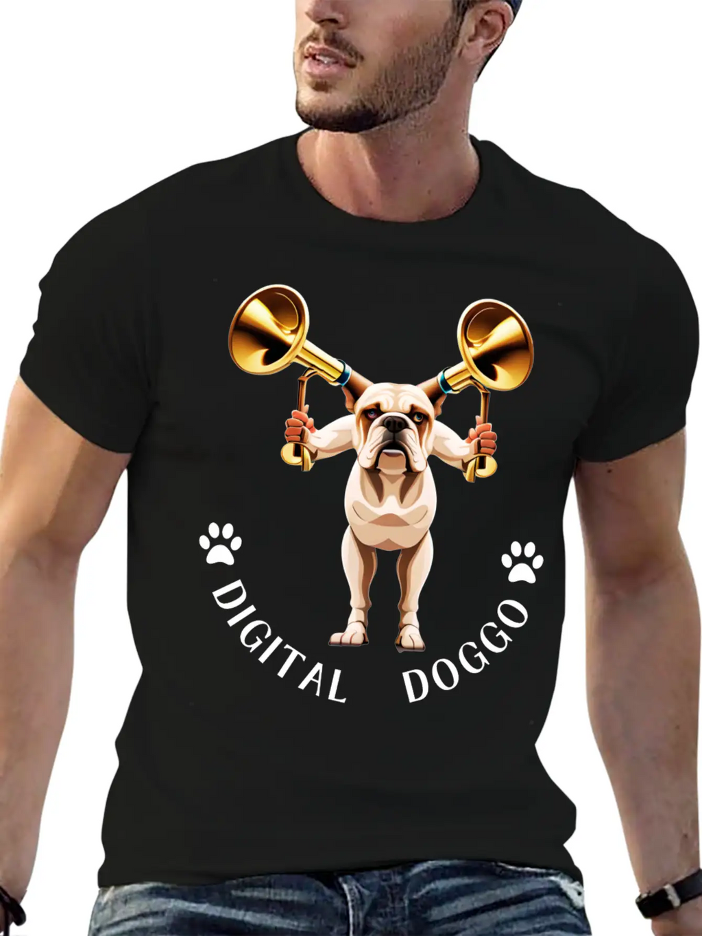 Whimsical Robotic Bulldog With Trumpet - Digital Casual Graphic T-Shirt – Simple And Comfortable Daily Wear