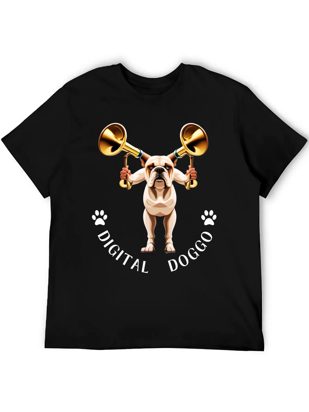 Whimsical Robotic Bulldog With Trumpet - Digital Casual Graphic T-Shirt – Simple And Comfortable Daily Wear