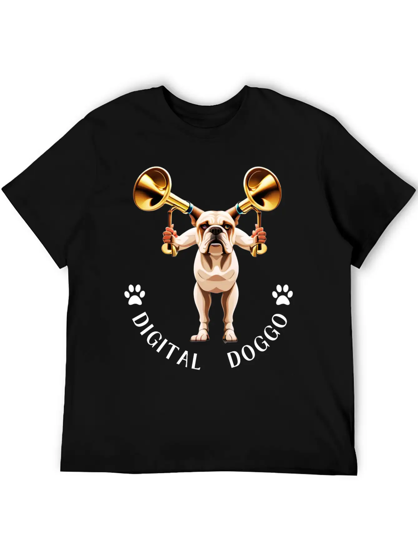 Whimsical Robotic Bulldog With Trumpet - Digital Casual Graphic T-Shirt – Simple And Comfortable Daily Wear