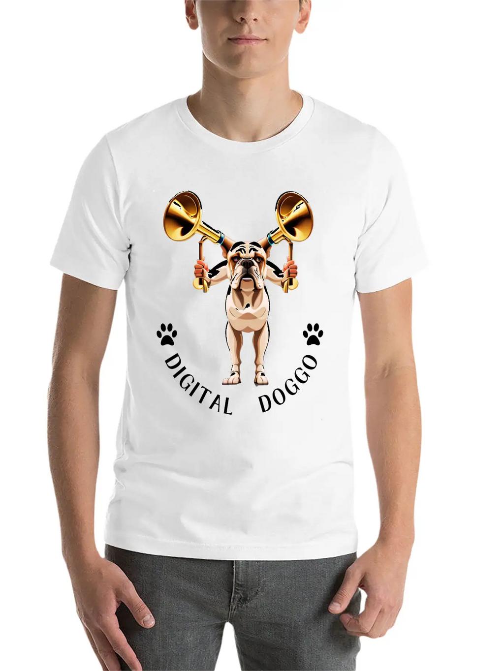 Whimsical Robotic Bulldog With Trumpet - Digital Casual Graphic T-Shirt – Simple And Comfortable Daily Wear
