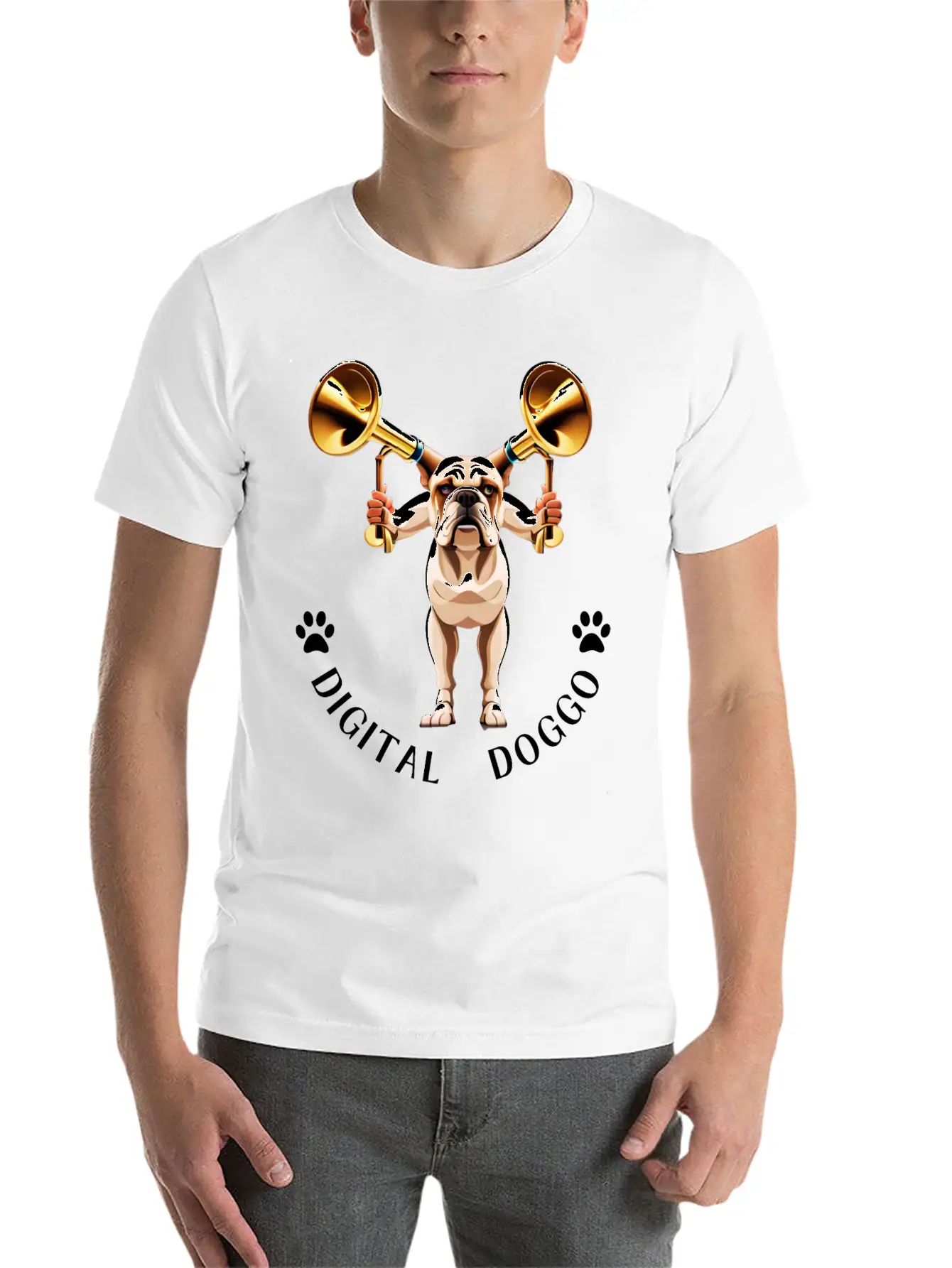 Whimsical Robotic Bulldog With Trumpet - Digital Casual Graphic T-Shirt – Simple And Comfortable Daily Wear