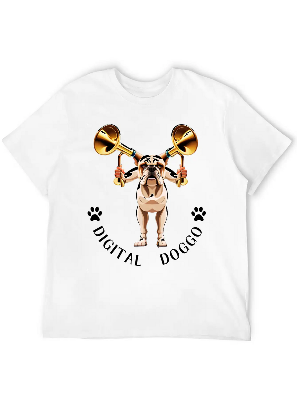 Whimsical Robotic Bulldog With Trumpet - Digital Casual Graphic T-Shirt – Simple And Comfortable Daily Wear