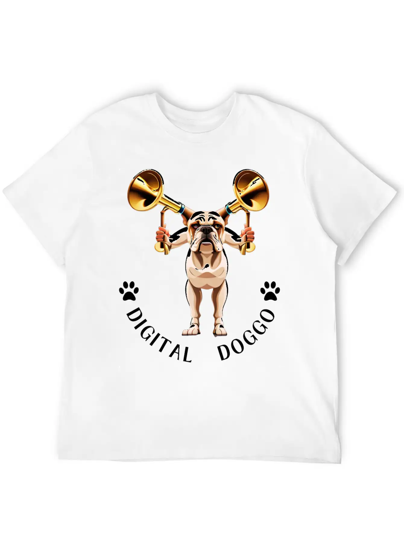 Whimsical Robotic Bulldog With Trumpet - Digital Casual Graphic T-Shirt – Simple And Comfortable Daily Wear