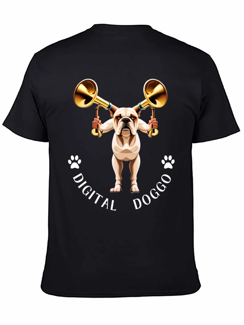 Whimsical Robotic Bulldog With Trumpet - Digital Casual Graphic T-Shirt – Simple And Comfortable Daily Wear