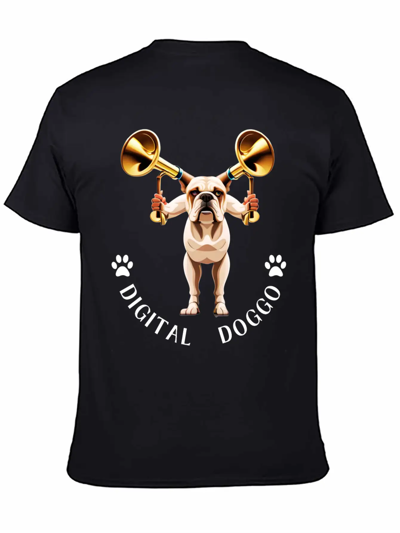 Whimsical Robotic Bulldog With Trumpet - Digital Casual Graphic T-Shirt – Simple And Comfortable Daily Wear