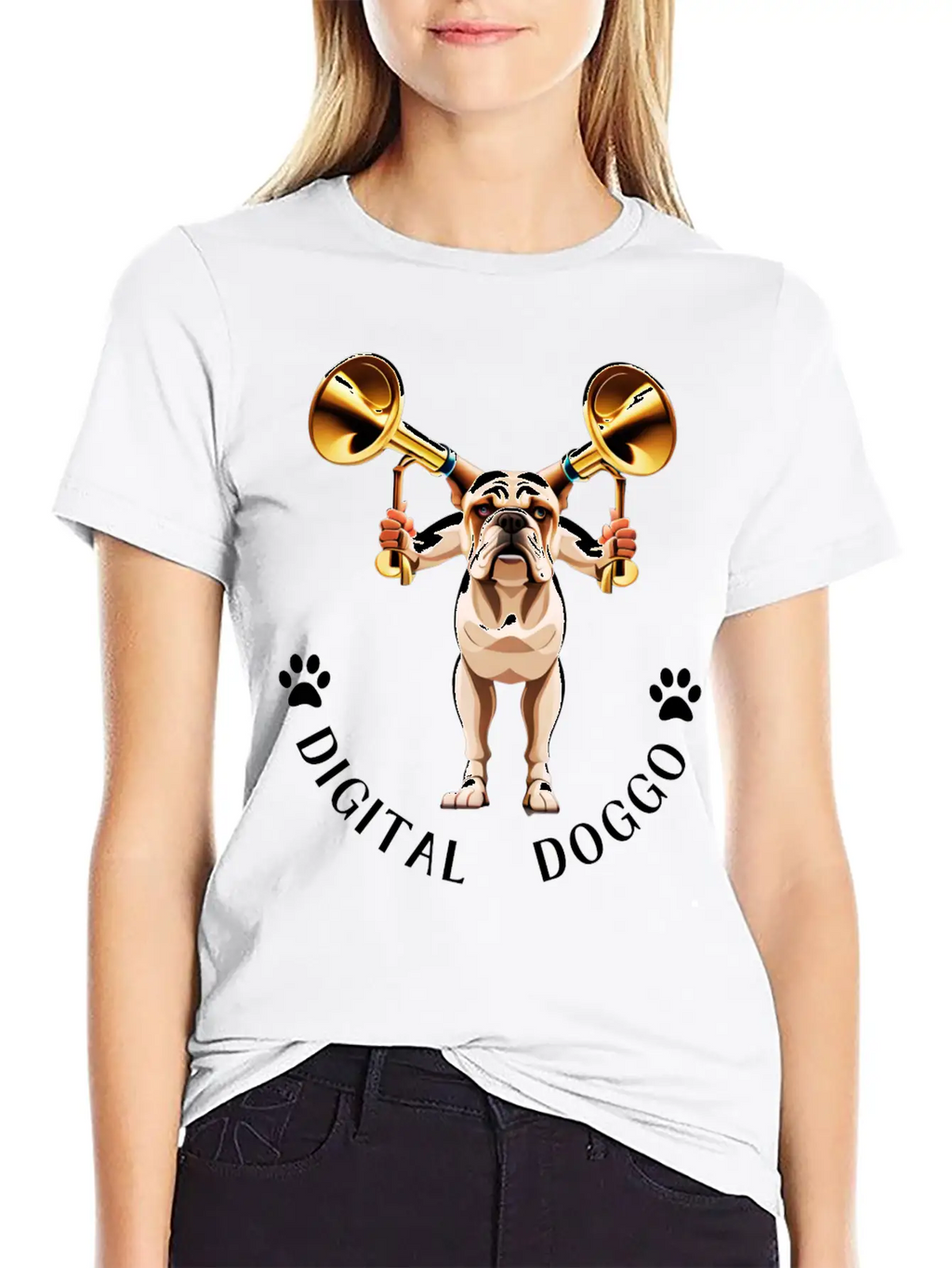 Whimsical Robotic Bulldog With Trumpet - Digital Casual Graphic T-Shirt – Simple And Comfortable Daily Wear