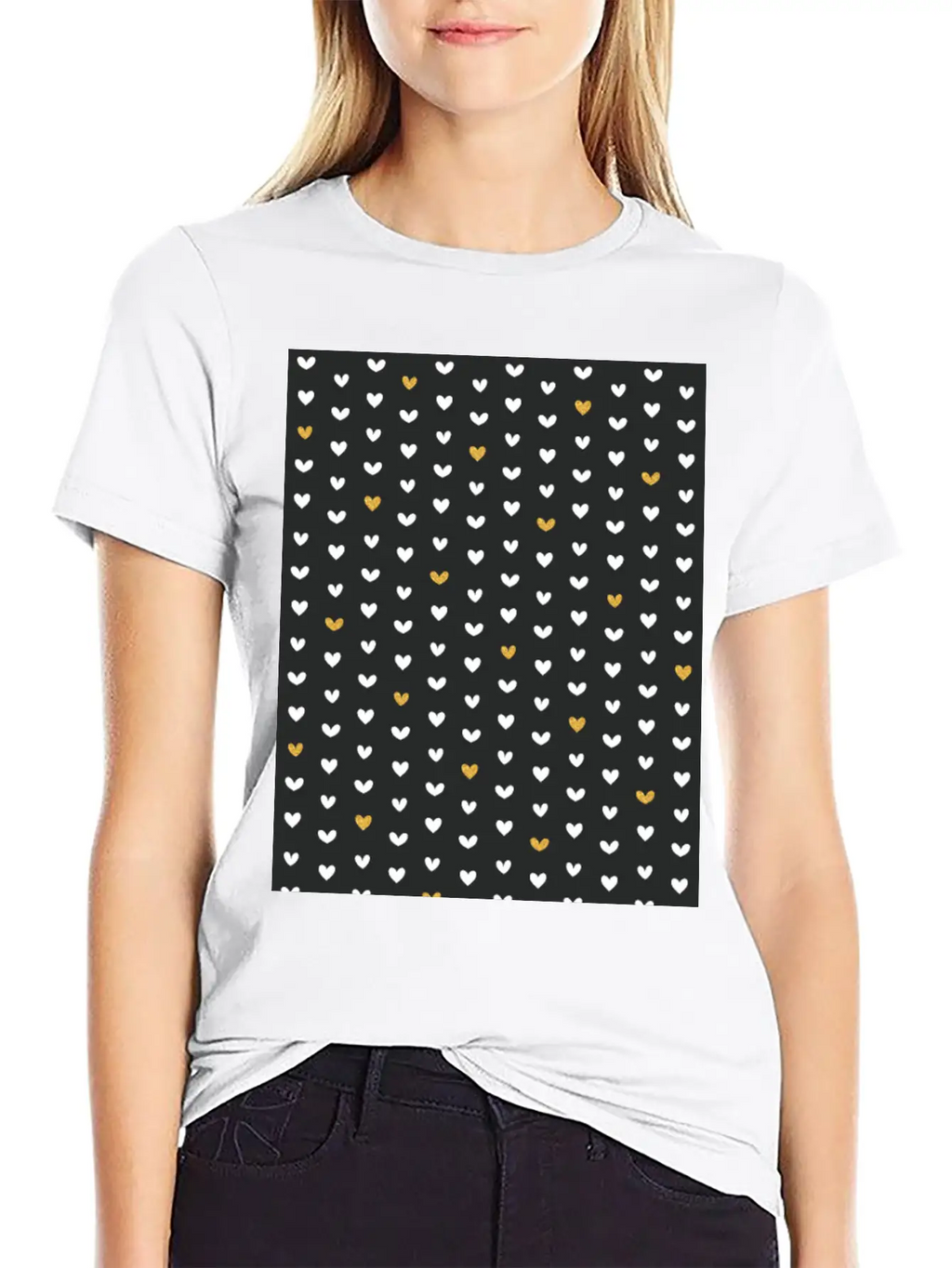 White Gold Heart Pattern On Black Unisex Casual T-Shirt – Clean Design For Daily Comfort