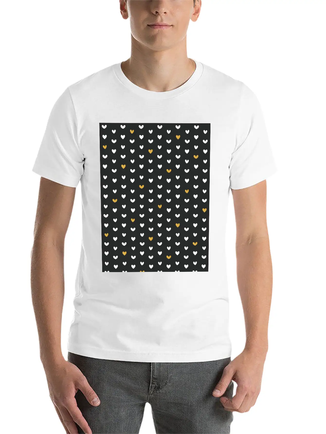 White Gold Heart Pattern On Black Unisex Casual T-Shirt – Clean Design For Daily Comfort