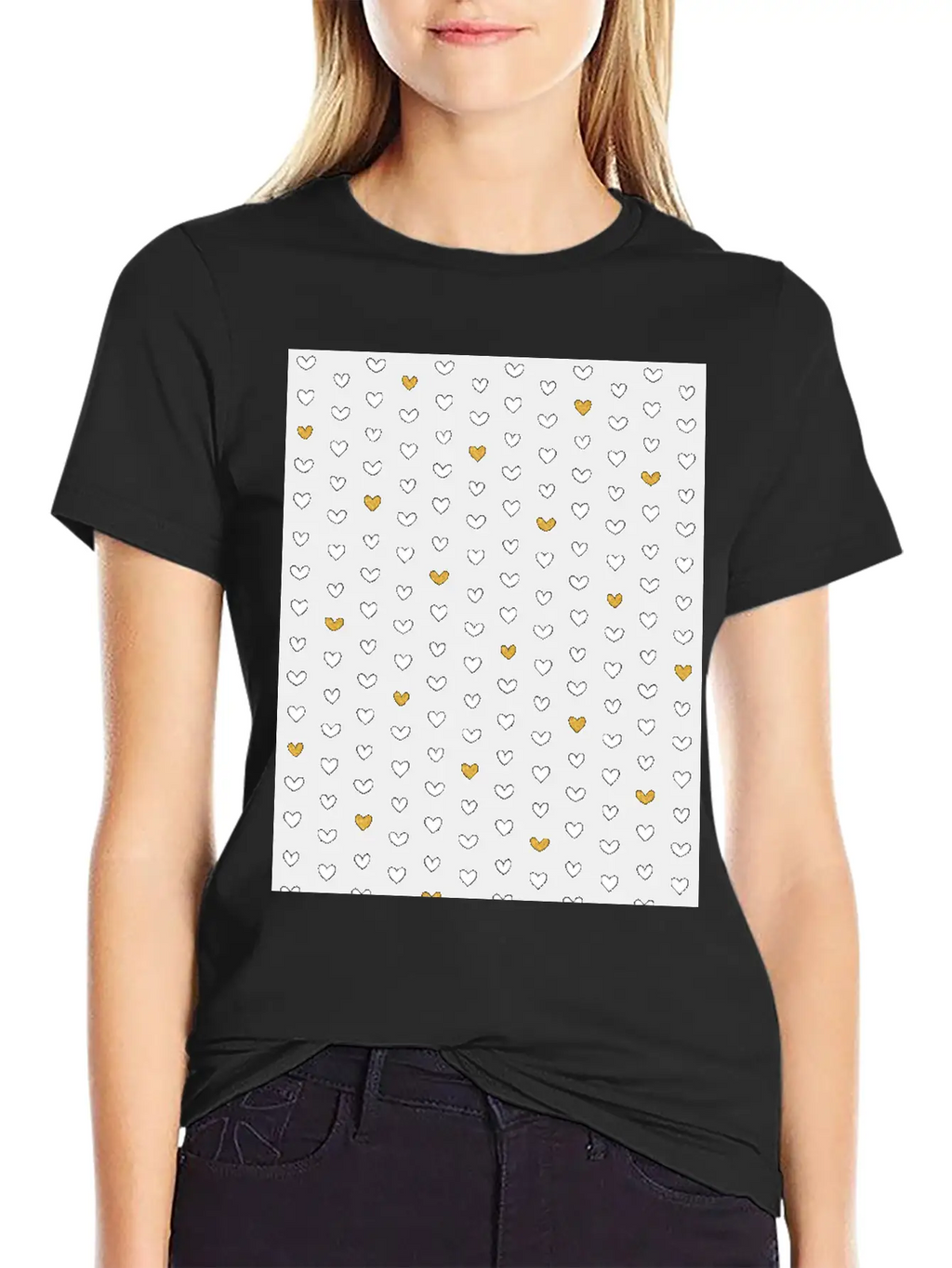 White Gold Heart Pattern On Black Unisex Casual T-Shirt – Clean Design For Daily Comfort