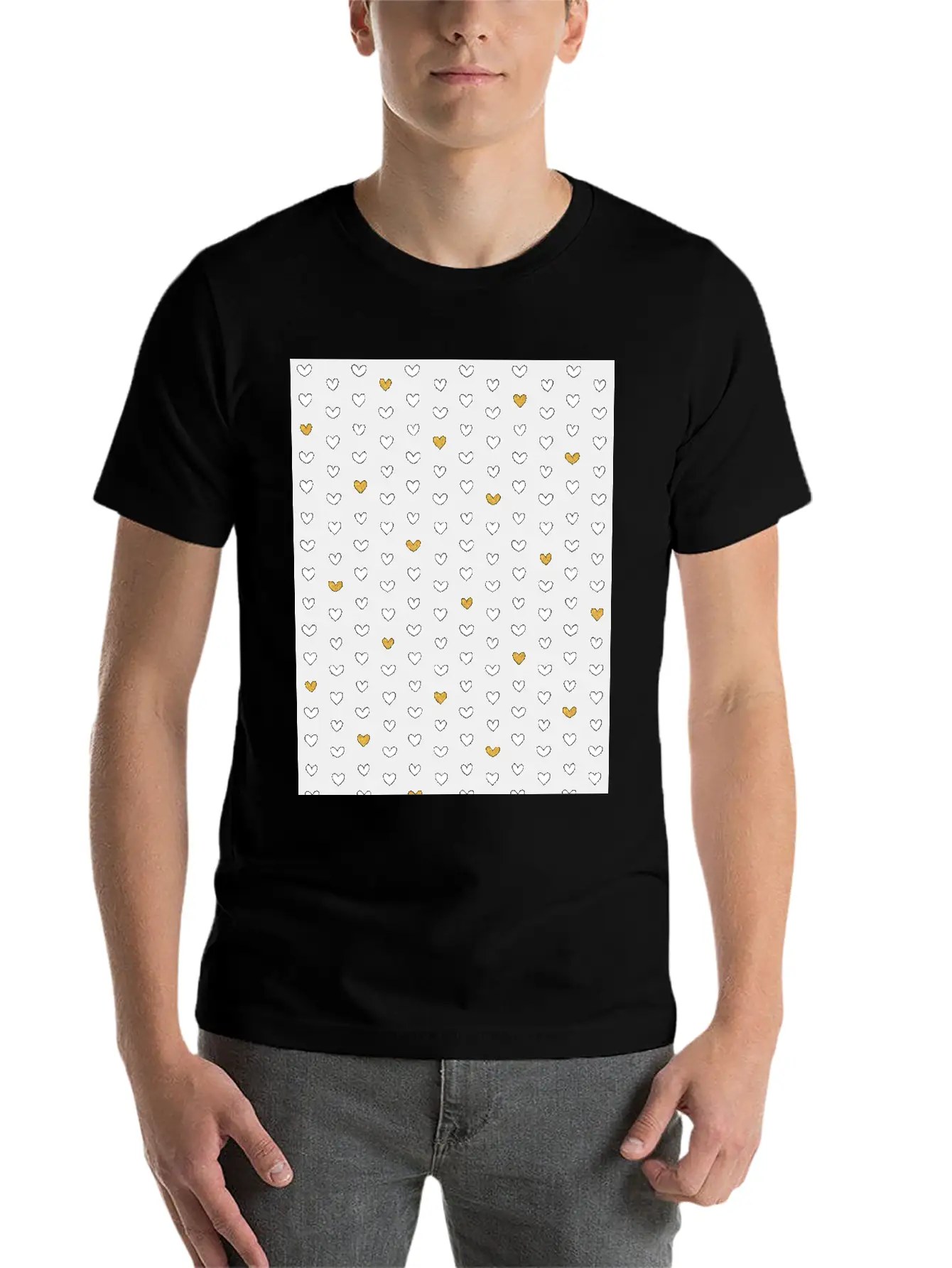 White Gold Heart Pattern On Black Unisex Casual T-Shirt – Clean Design For Daily Comfort