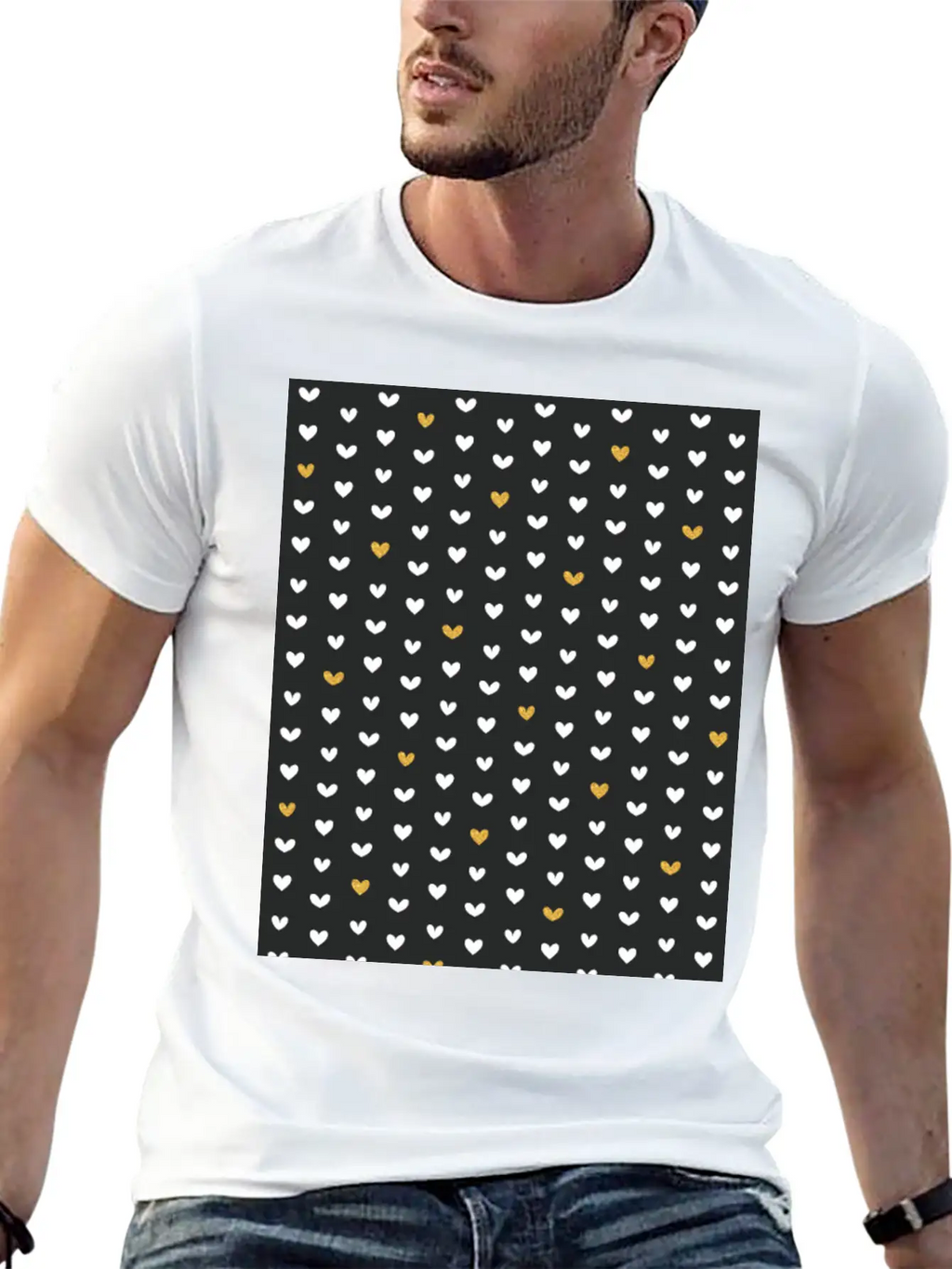 White Gold Heart Pattern On Black Unisex Casual T-Shirt – Clean Design For Daily Comfort