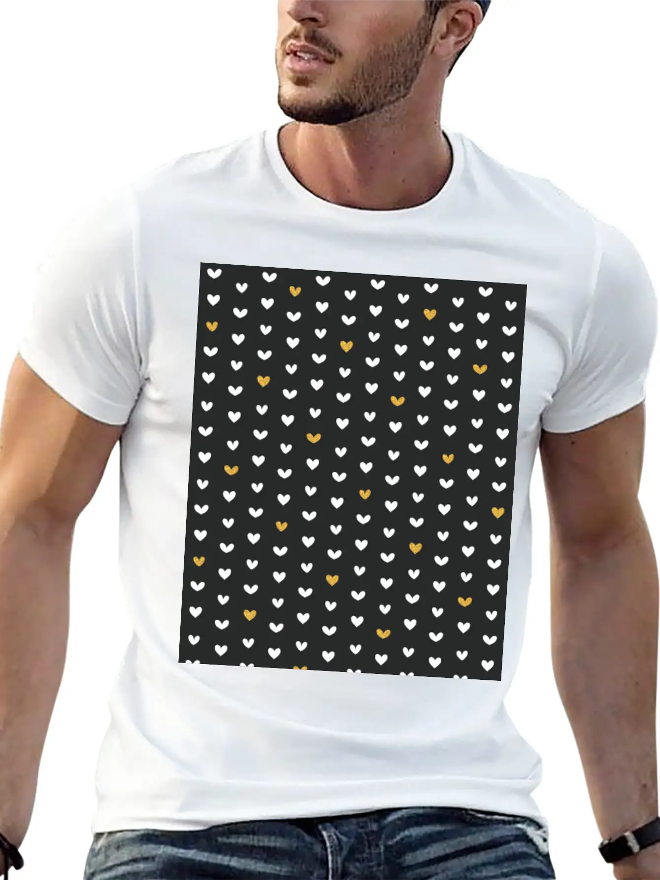 White Gold Heart Pattern On Black Unisex Casual T-Shirt – Clean Design For Daily Comfort