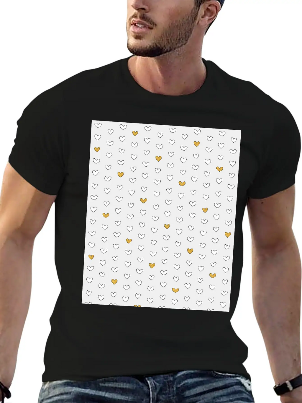 White Gold Heart Pattern On Black Unisex Casual T-Shirt – Clean Design For Daily Comfort