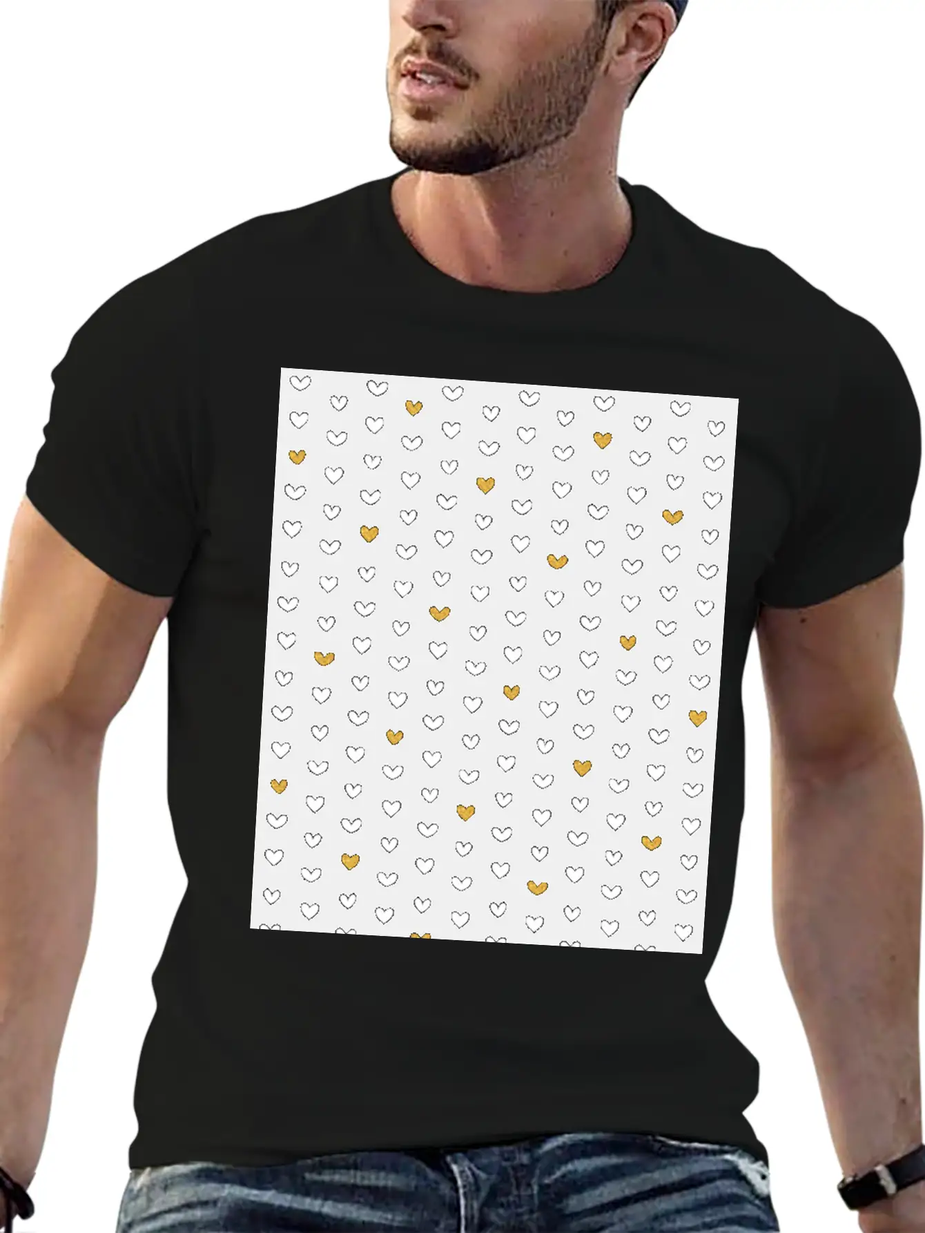 White Gold Heart Pattern On Black Unisex Casual T-Shirt – Clean Design For Daily Comfort
