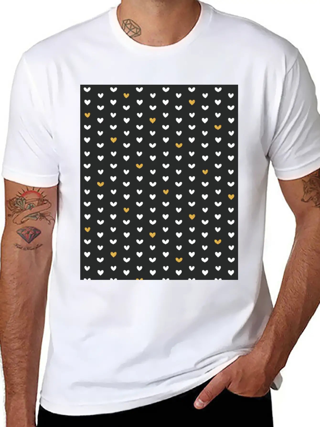 White Gold Heart Pattern On Black Unisex Casual T-Shirt – Clean Design For Daily Comfort
