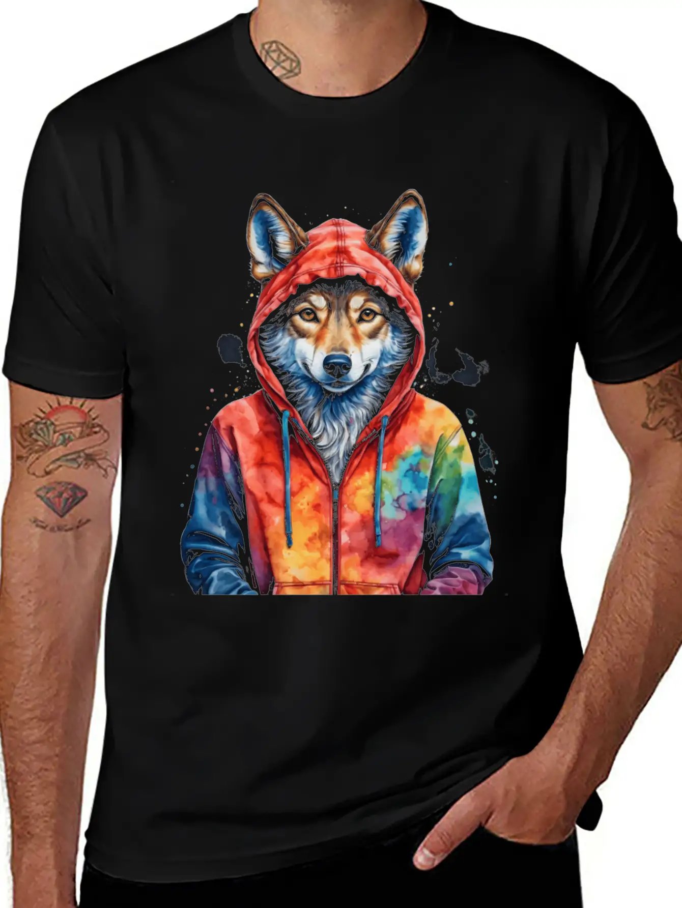 Wolf Hoodie Colorful Funny Animal Graphic Stylish Everyday T-Shirt – Unisex Basic Cotton Tee