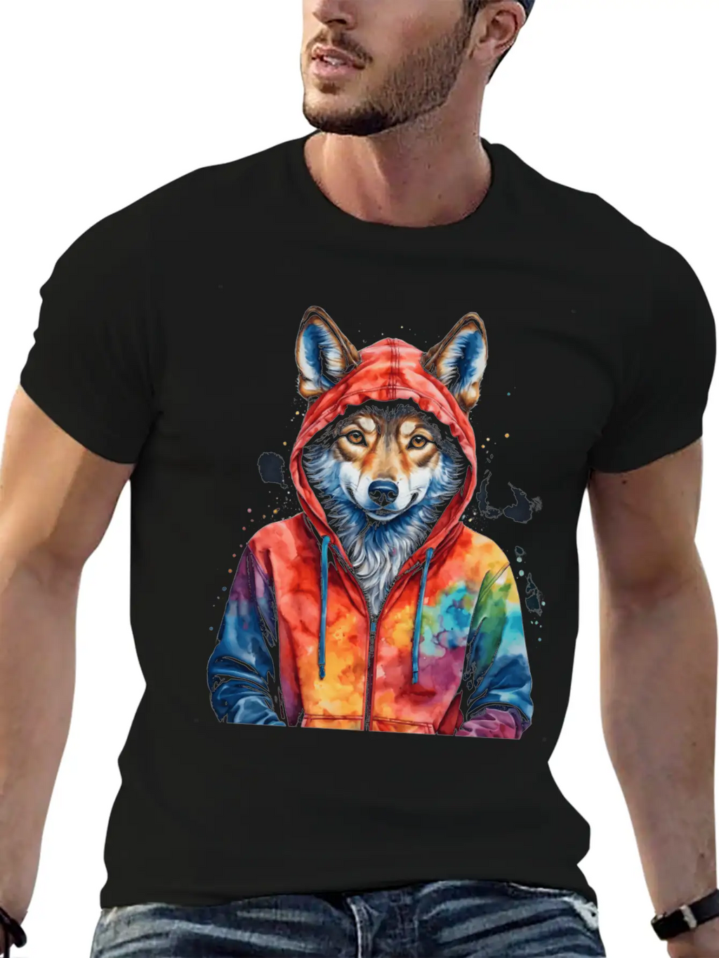 Wolf Hoodie Colorful Funny Animal Graphic Stylish Everyday T-Shirt – Unisex Basic Cotton Tee