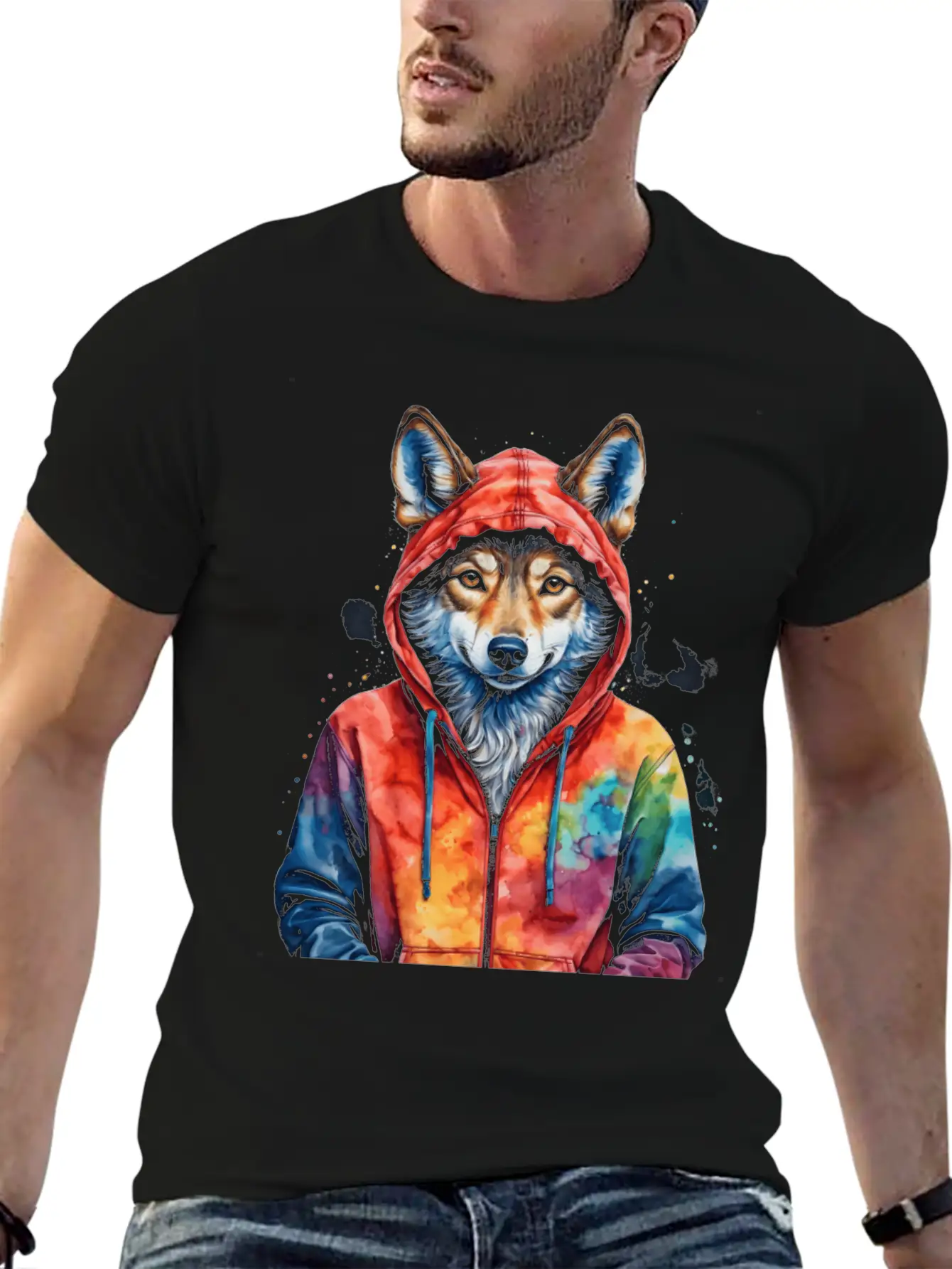 Wolf Hoodie Colorful Funny Animal Graphic Stylish Everyday T-Shirt – Unisex Basic Cotton Tee