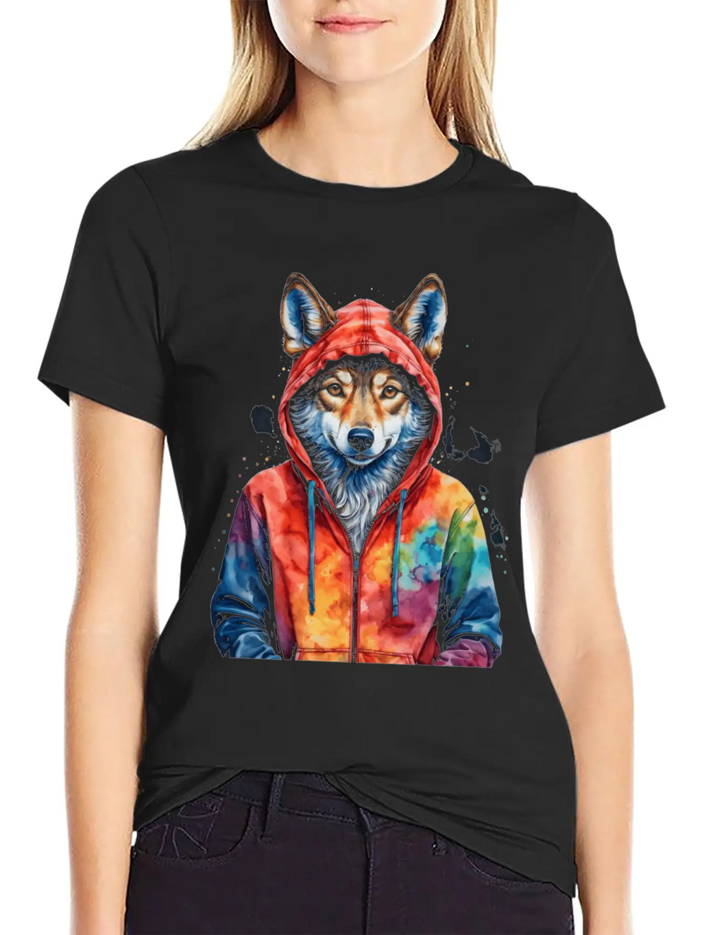 Wolf Hoodie Colorful Funny Animal Graphic Stylish Everyday T-Shirt – Unisex Basic Cotton Tee