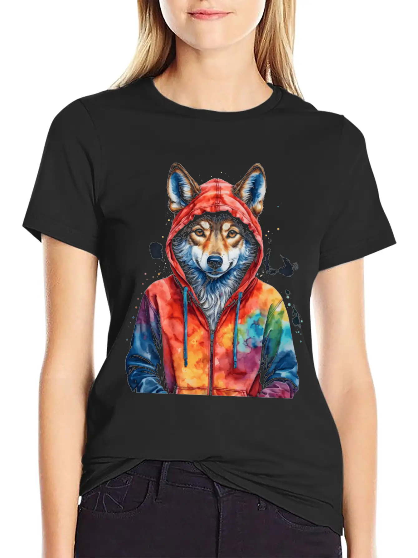 Wolf Hoodie Colorful Funny Animal Graphic Stylish Everyday T-Shirt – Unisex Basic Cotton Tee