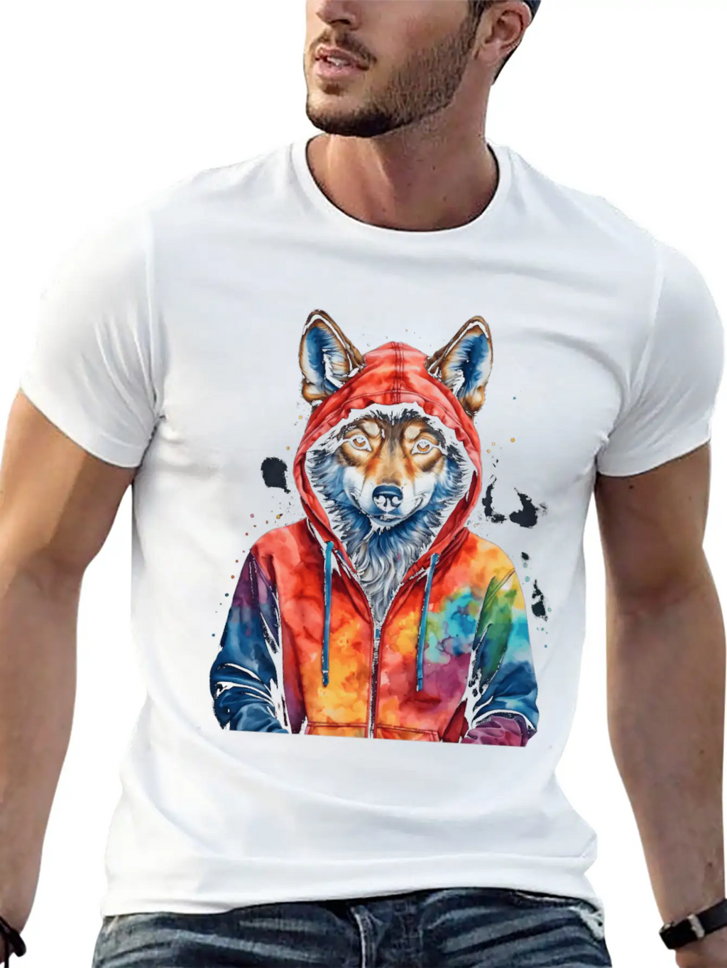 Wolf Hoodie Colorful Funny Animal Graphic Stylish Everyday T-Shirt – Unisex Basic Cotton Tee