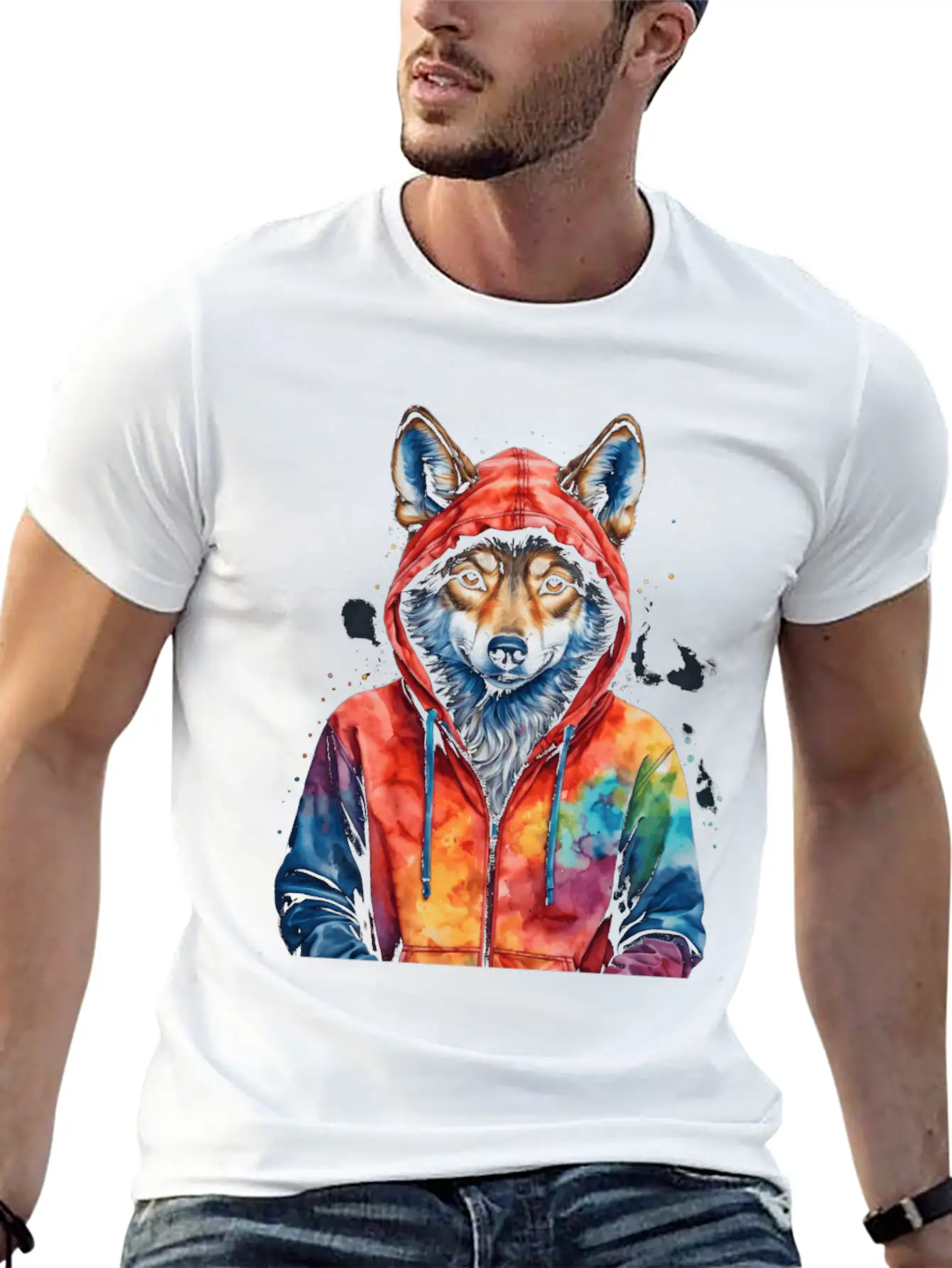 Wolf Hoodie Colorful Funny Animal Graphic Stylish Everyday T-Shirt – Unisex Basic Cotton Tee