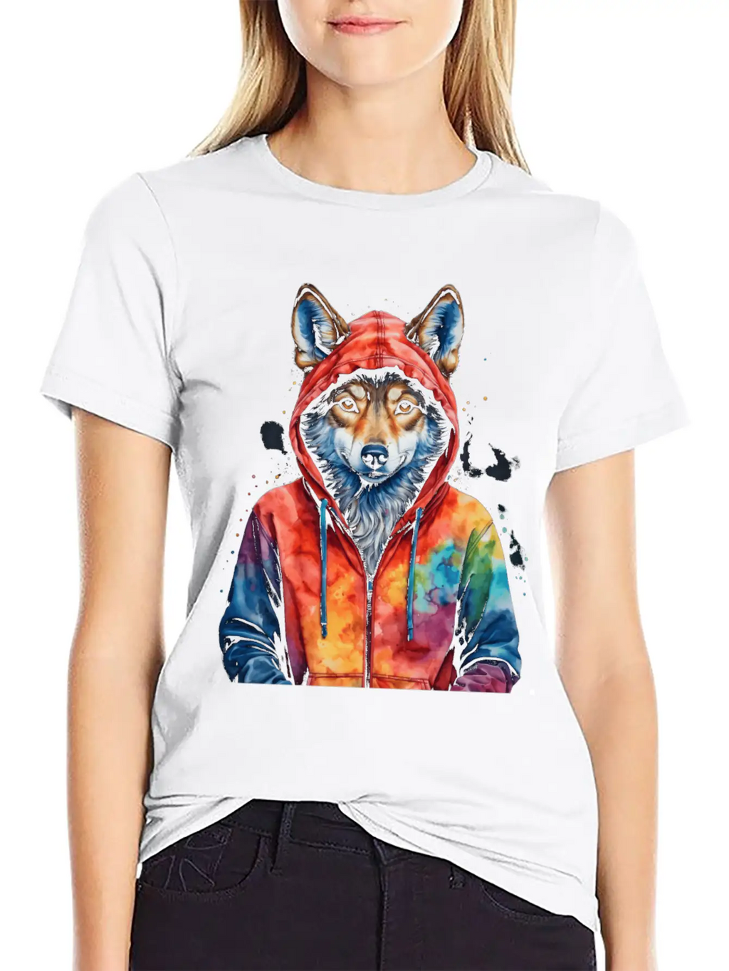 Wolf Hoodie Colorful Funny Animal Graphic Stylish Everyday T-Shirt – Unisex Basic Cotton Tee