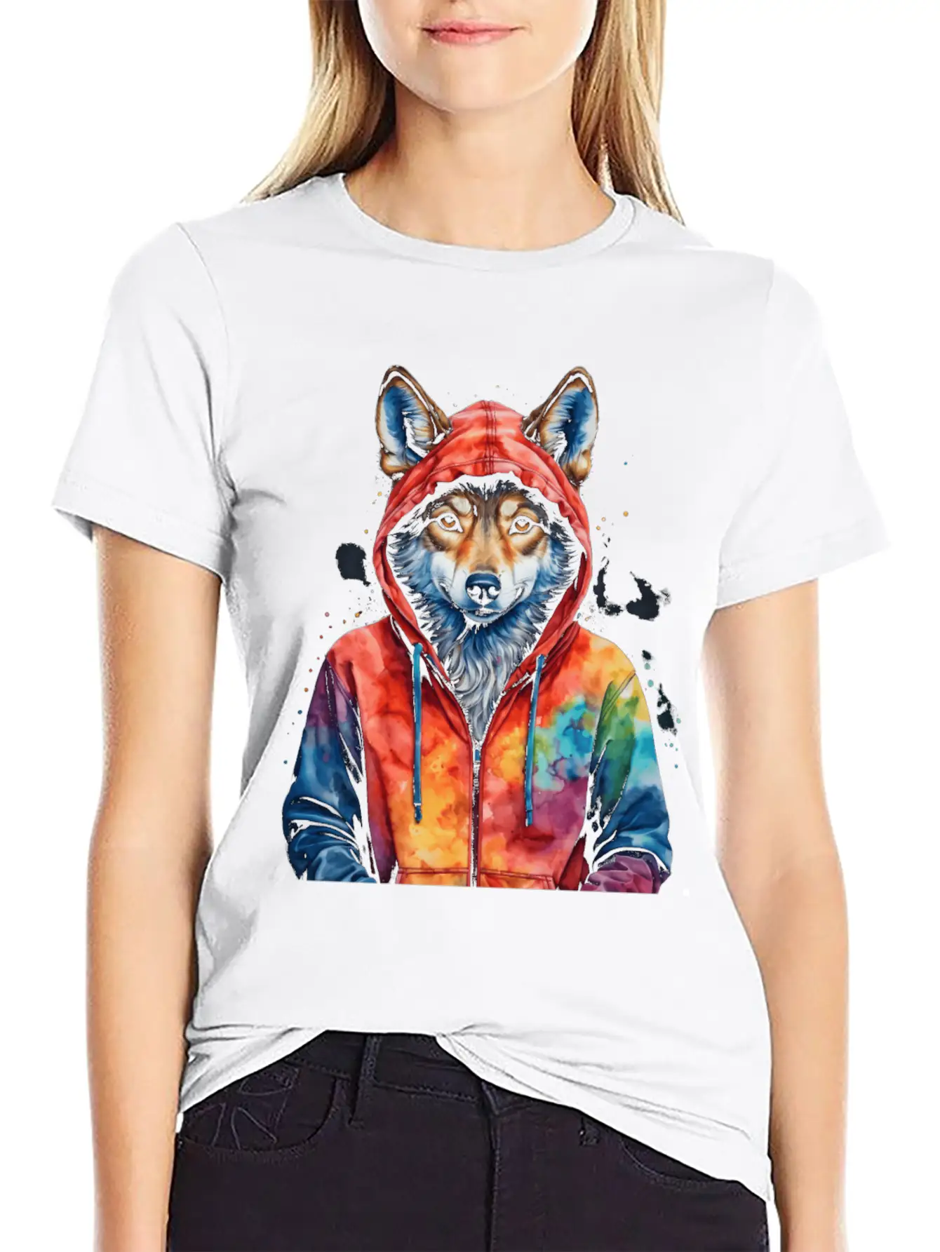 Wolf Hoodie Colorful Funny Animal Graphic Stylish Everyday T-Shirt – Unisex Basic Cotton Tee