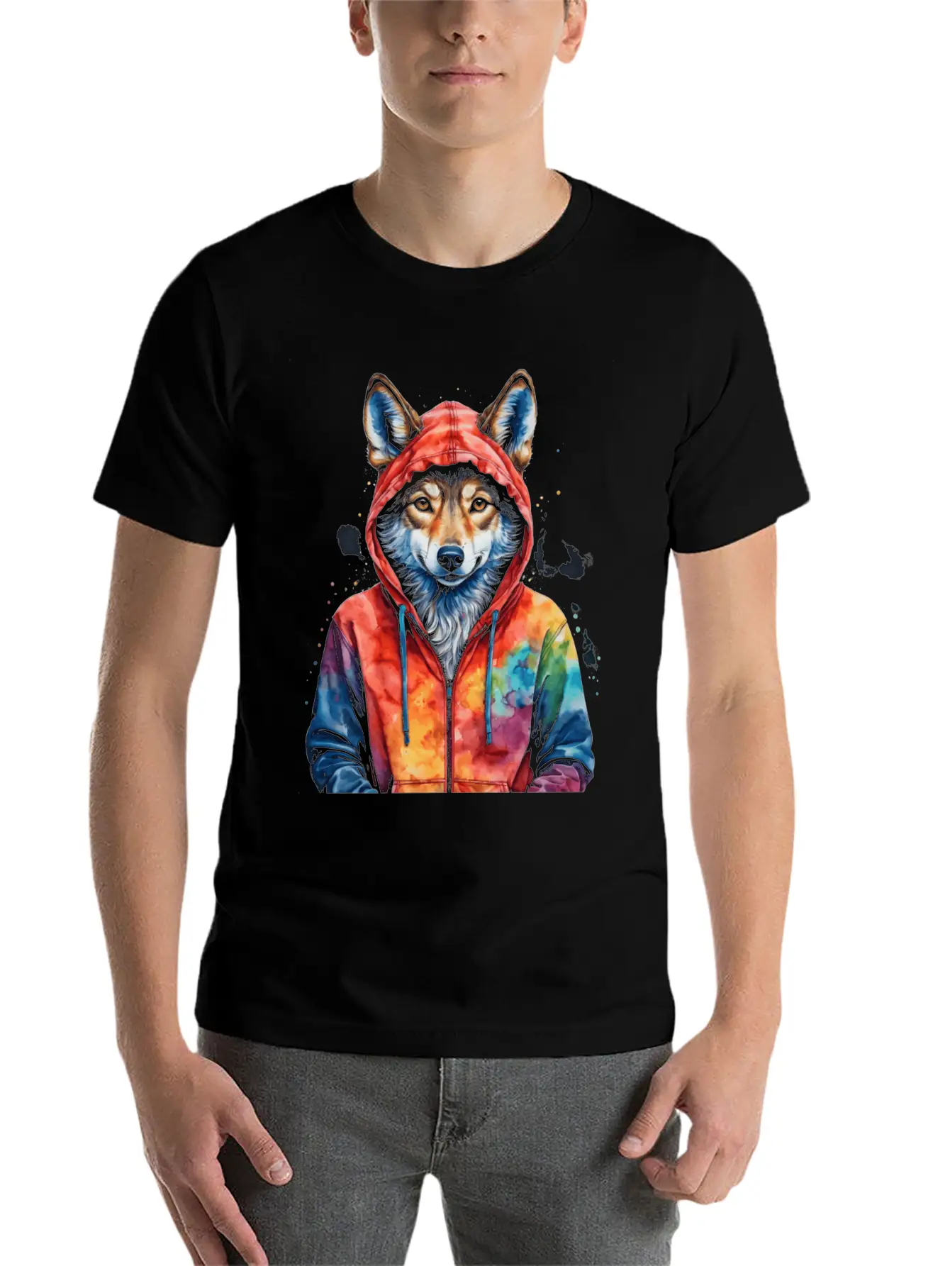 Wolf Hoodie Colorful Funny Animal Graphic Stylish Everyday T-Shirt – Unisex Basic Cotton Tee