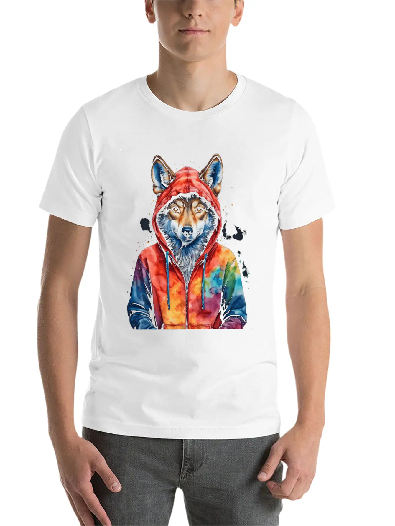 Wolf Hoodie Colorful Funny Animal Graphic Stylish Everyday T-Shirt – Unisex Basic Cotton Tee