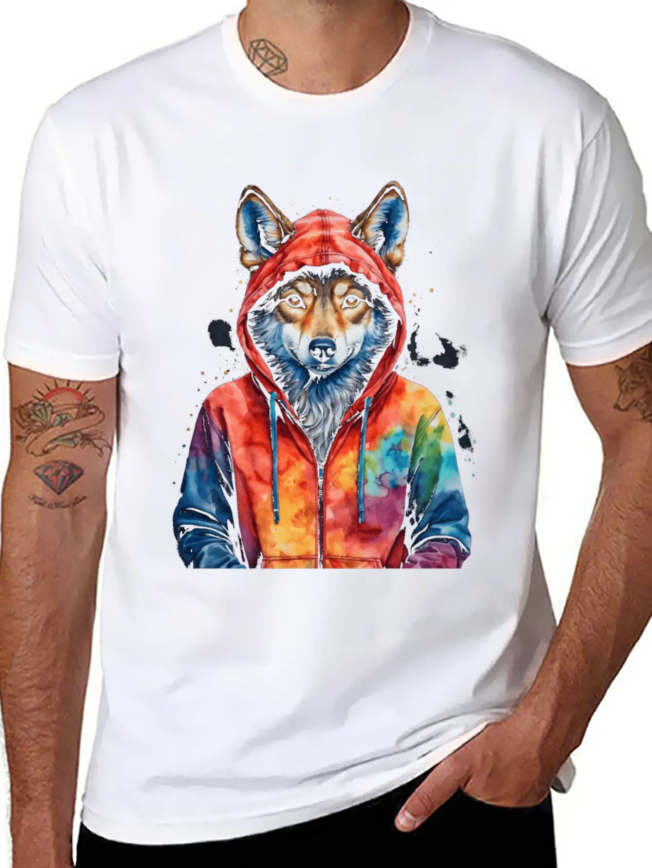 Wolf Hoodie Colorful Funny Animal Graphic Stylish Everyday T-Shirt – Unisex Basic Cotton Tee