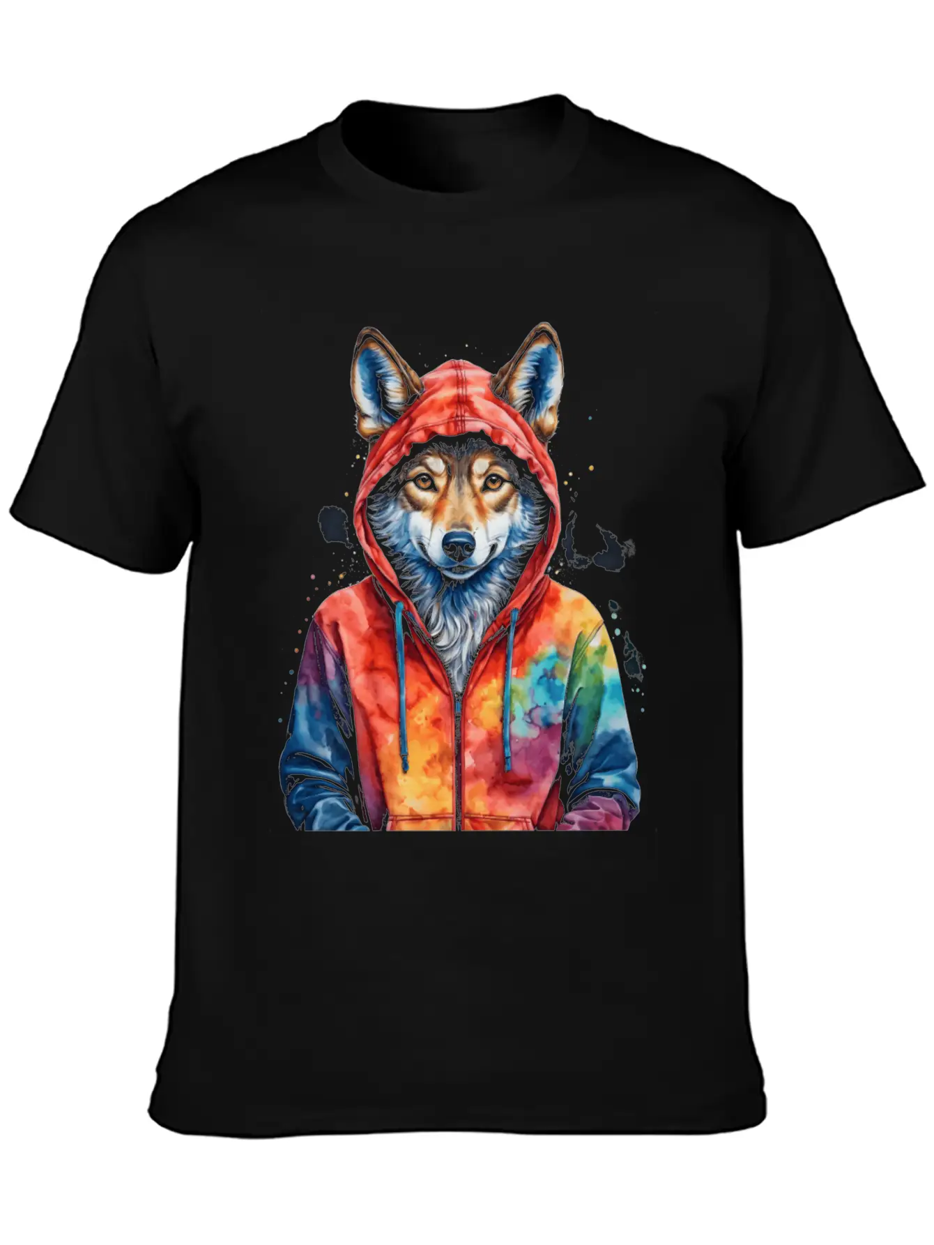 Wolf Hoodie Colorful Funny Animal Graphic Stylish Everyday T-Shirt – Unisex Basic Cotton Tee