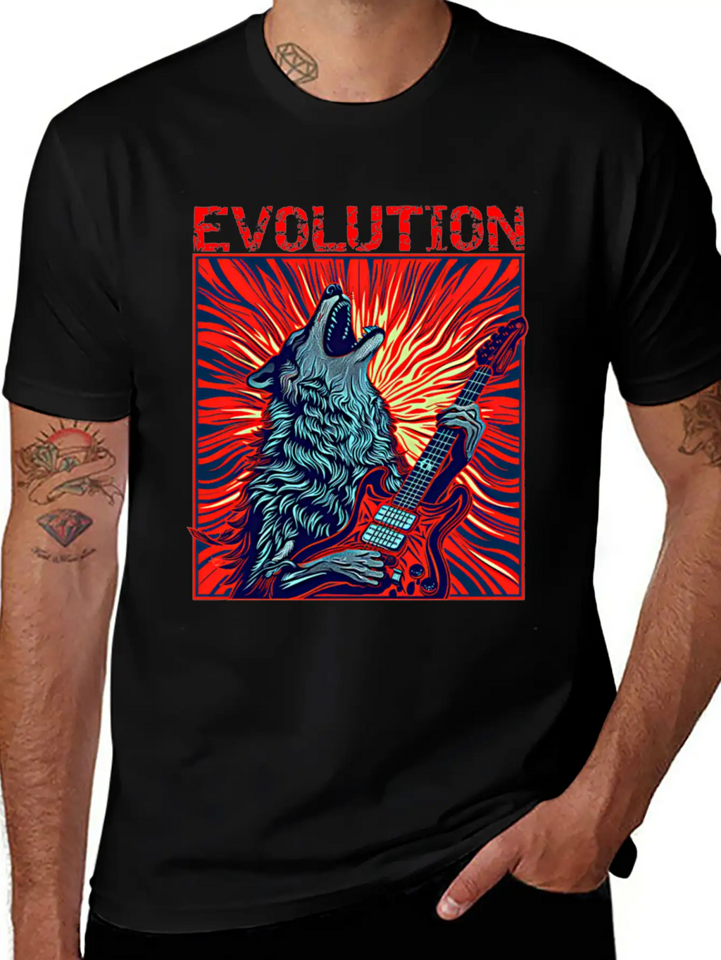 Wolf Playing Guitar Rockstar Red Guitar Unisex Casual T-Shirt – Clean Design For Daily Comfort