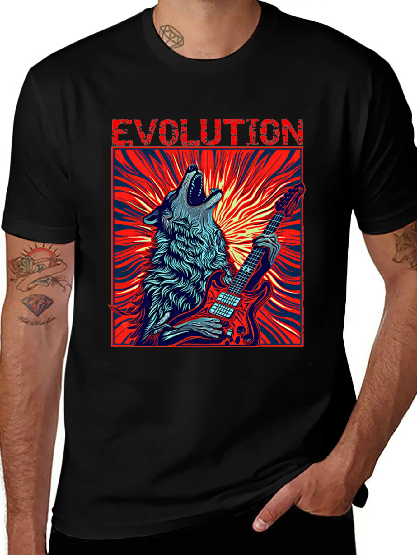 Wolf Playing Guitar Rockstar Red Guitar Unisex Casual T-Shirt – Clean Design For Daily Comfort