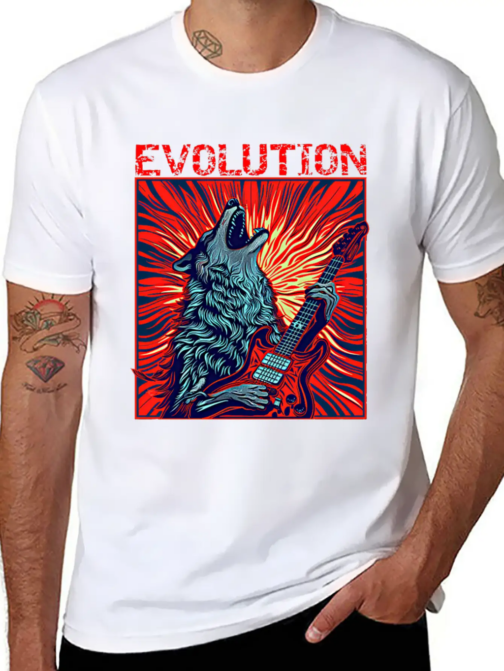 Wolf Playing Guitar Rockstar Red Guitar Unisex Casual T-Shirt – Clean Design For Daily Comfort