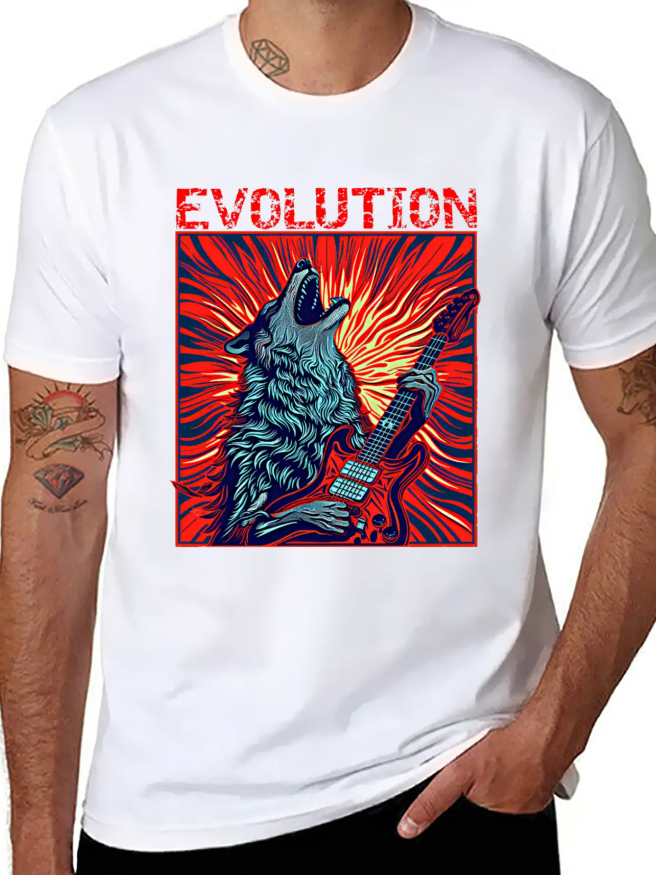 Wolf Playing Guitar Rockstar Red Guitar Unisex Casual T-Shirt – Clean Design For Daily Comfort
