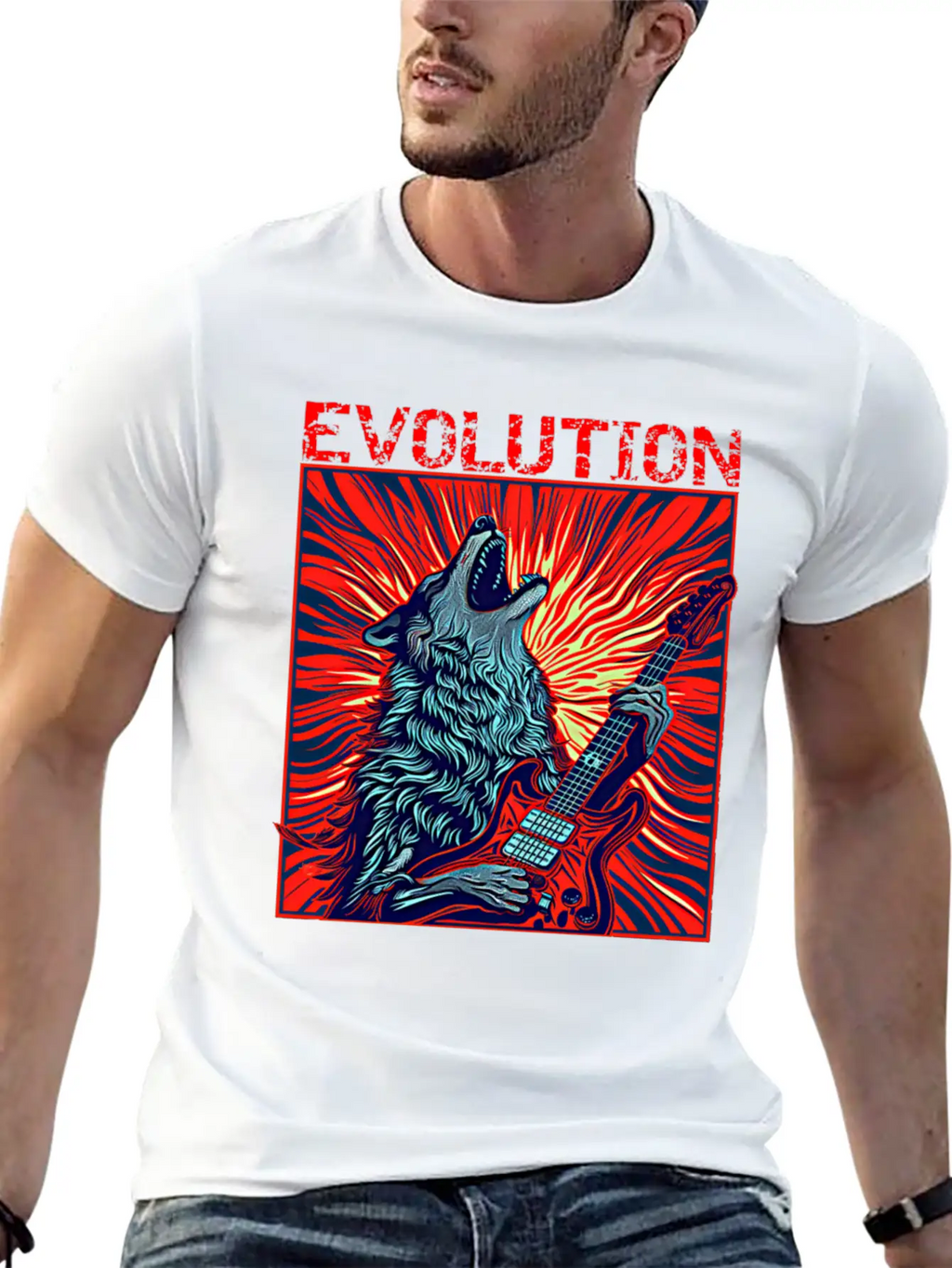 Wolf Playing Guitar Rockstar Red Guitar Unisex Casual T-Shirt – Clean Design For Daily Comfort