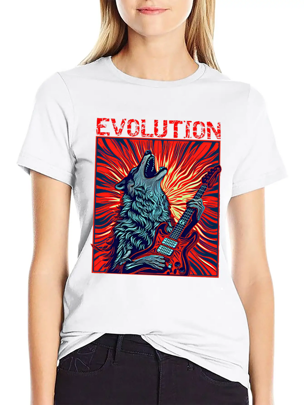Wolf Playing Guitar Rockstar Red Guitar Unisex Casual T-Shirt – Clean Design For Daily Comfort