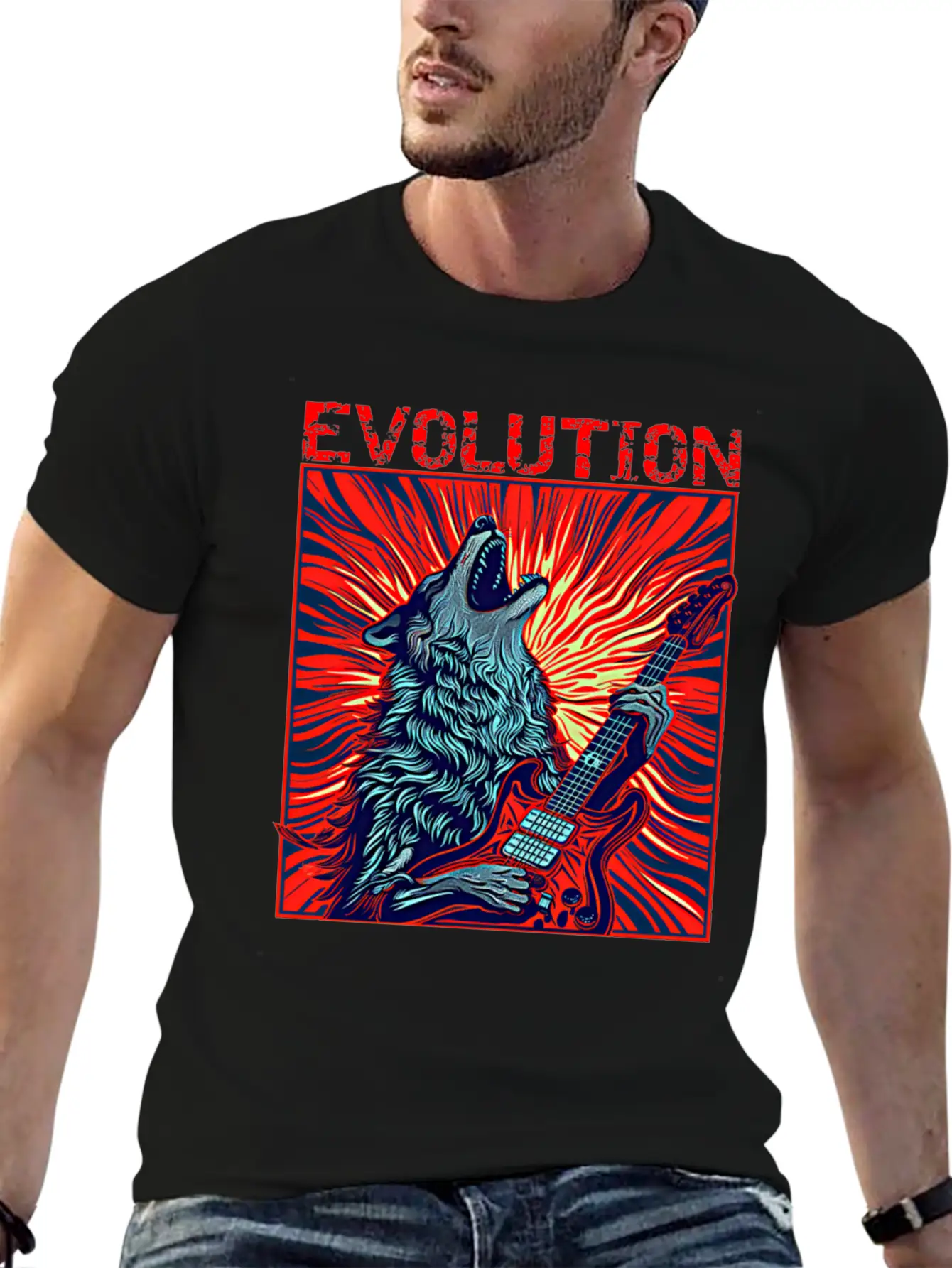 Wolf Playing Guitar Rockstar Red Guitar Unisex Casual T-Shirt – Clean Design For Daily Comfort