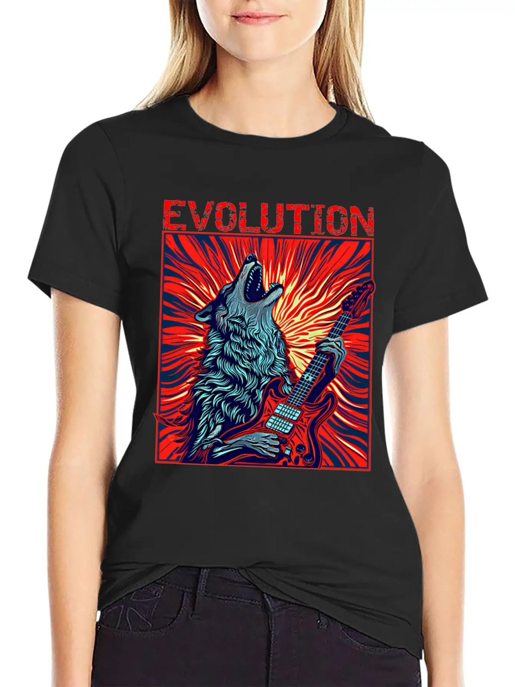 Wolf Playing Guitar Rockstar Red Guitar Unisex Casual T-Shirt – Clean Design For Daily Comfort
