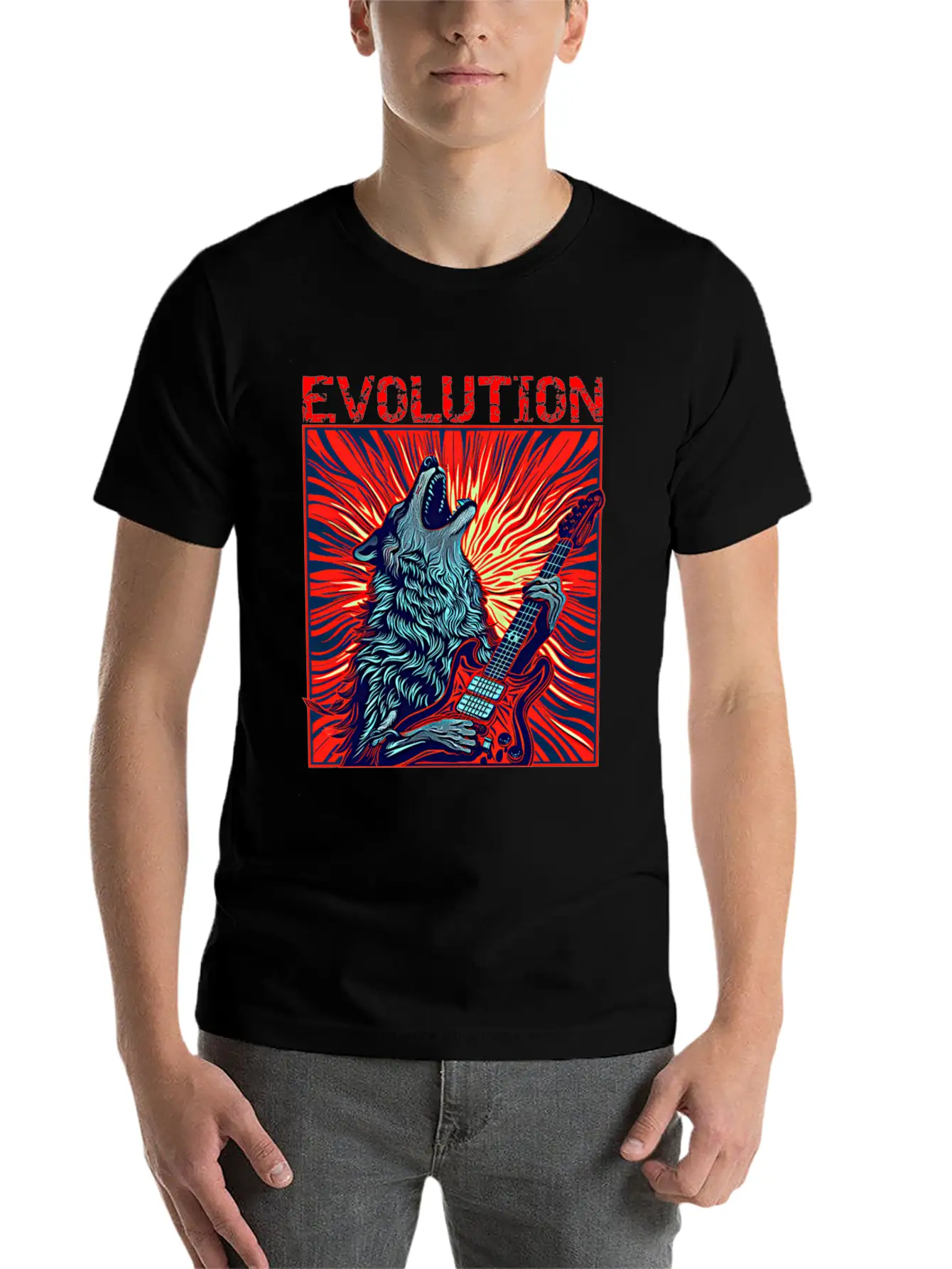 Wolf Playing Guitar Rockstar Red Guitar Unisex Casual T-Shirt – Clean Design For Daily Comfort