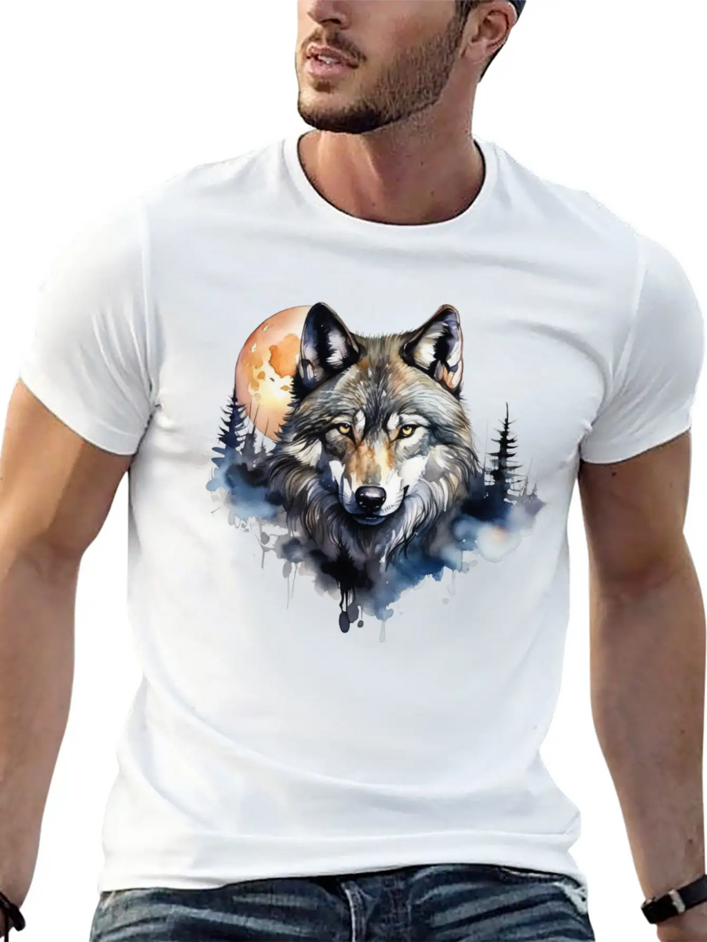 Wolf Portrait Under Full Moon Design Classic Fit Graphic Tee For Daily Comfort – Unisex Cotton Shirt