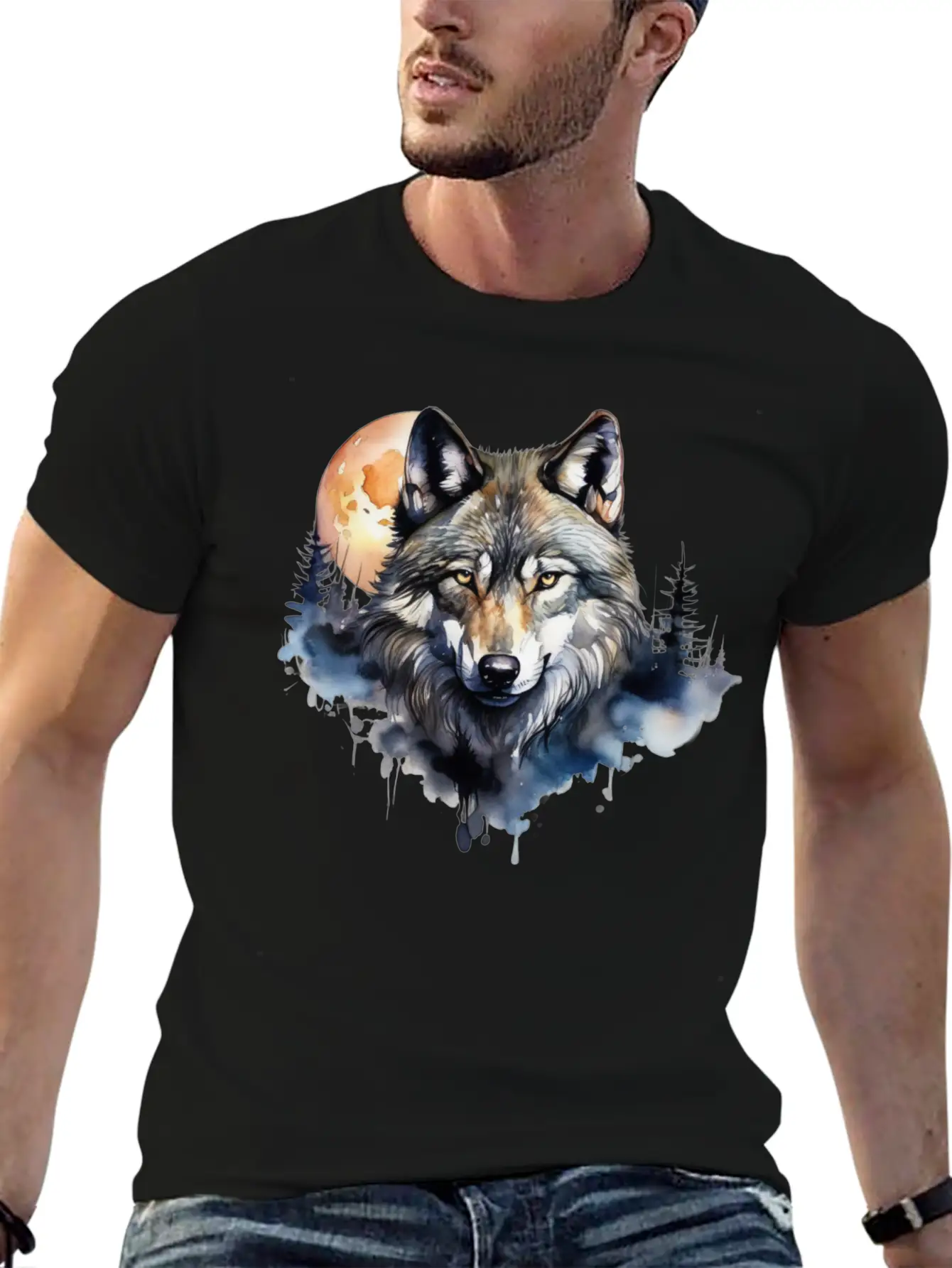 Wolf Portrait Under Full Moon Design Classic Fit Graphic Tee For Daily Comfort – Unisex Cotton Shirt